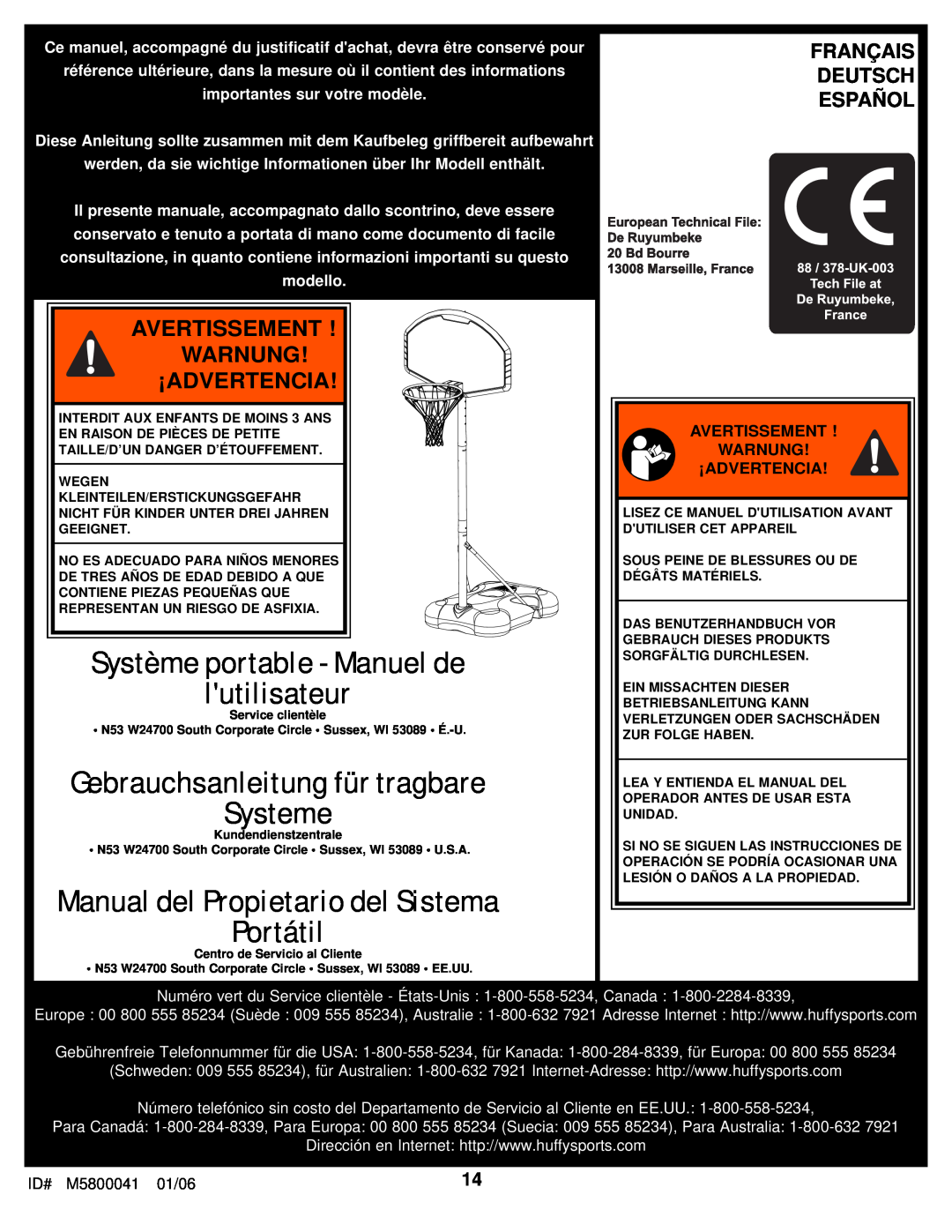 Spalding M5800041 Avertissement Warnung ¡Advertencia, Français Deutsch Español, Système portable - Manuel de lutilisateur 