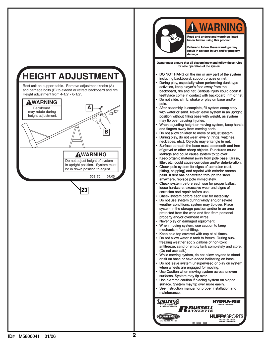 Spalding M5800041 manual Height Adjustment 