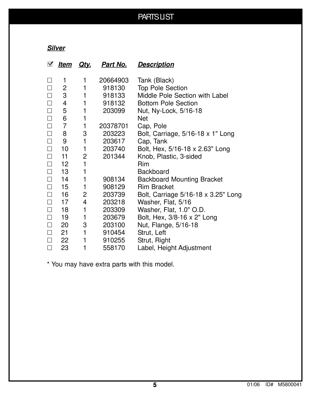 Spalding M5800041 manual Parts List, Silver, Description 