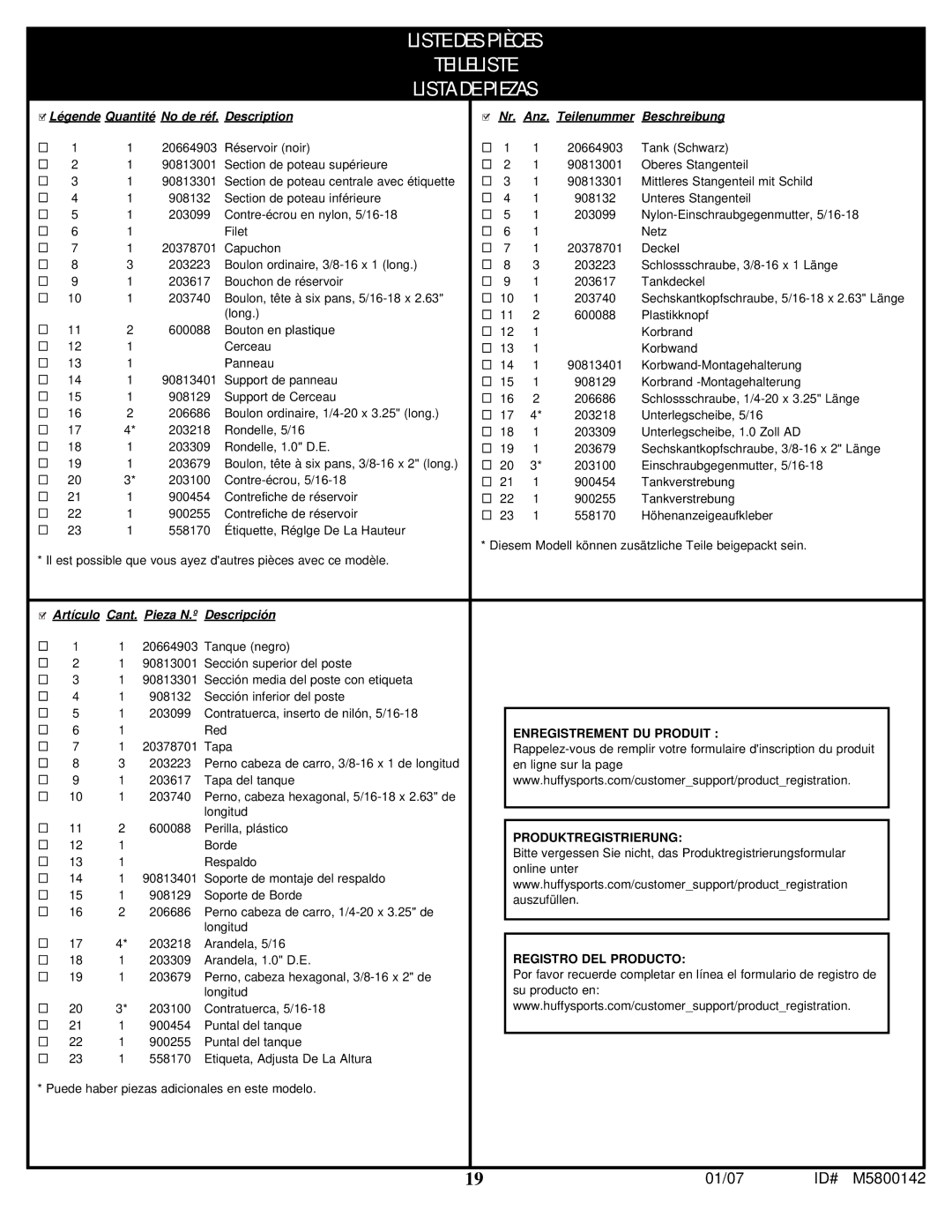 Spalding M5800142 manual Liste DES Pièces Teileliste Lista DE Piezas 