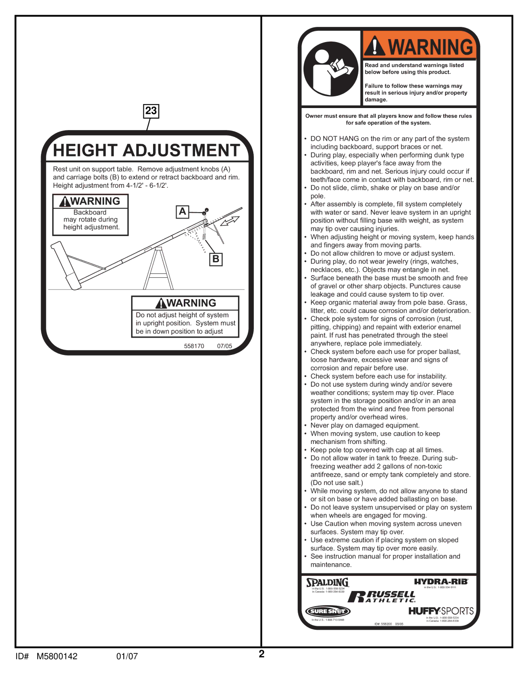 Spalding M5800142 manual Height Adjustment 