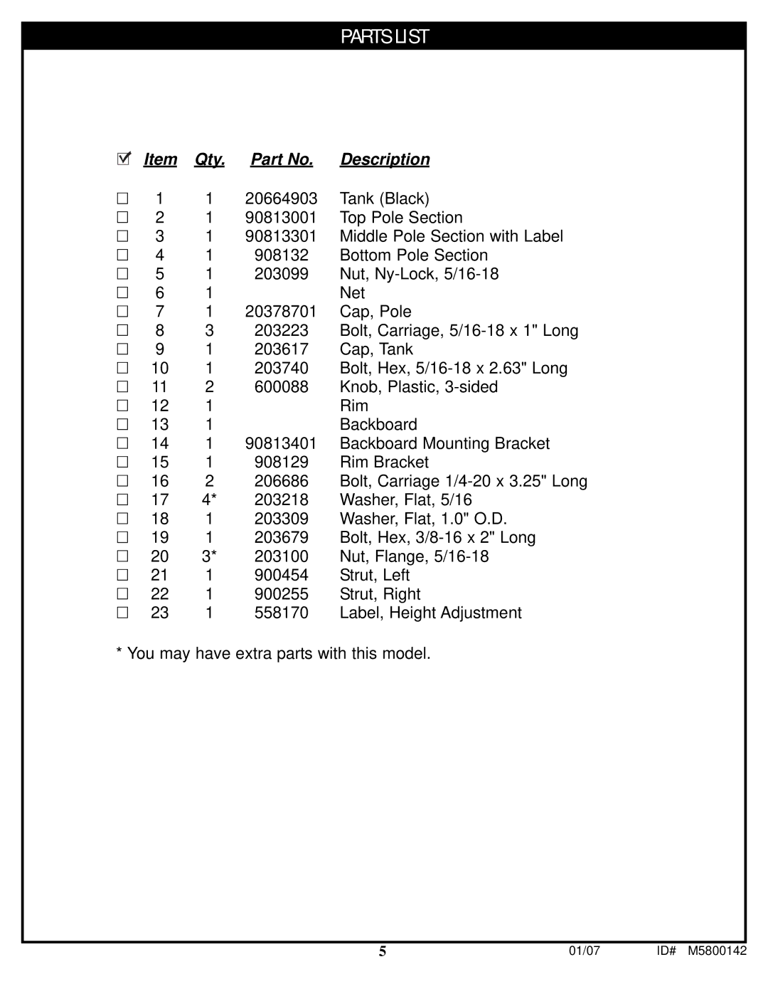 Spalding M5800142 manual Parts List 