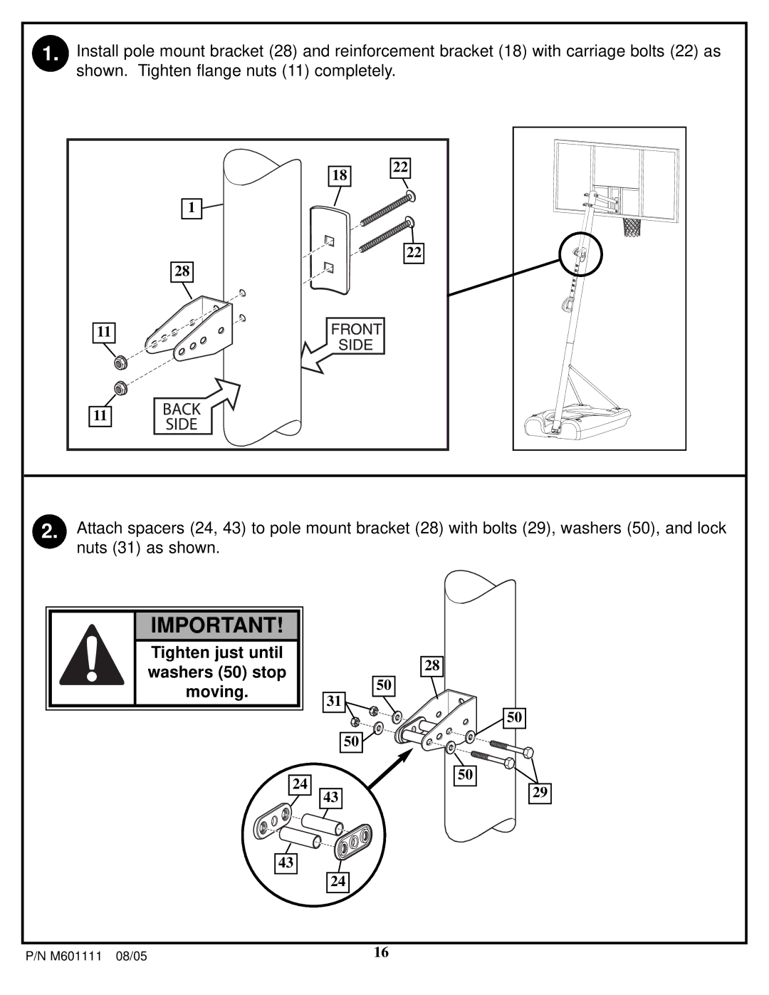 Spalding M60 1111 manual Tighten just until washers 50 stop moving 