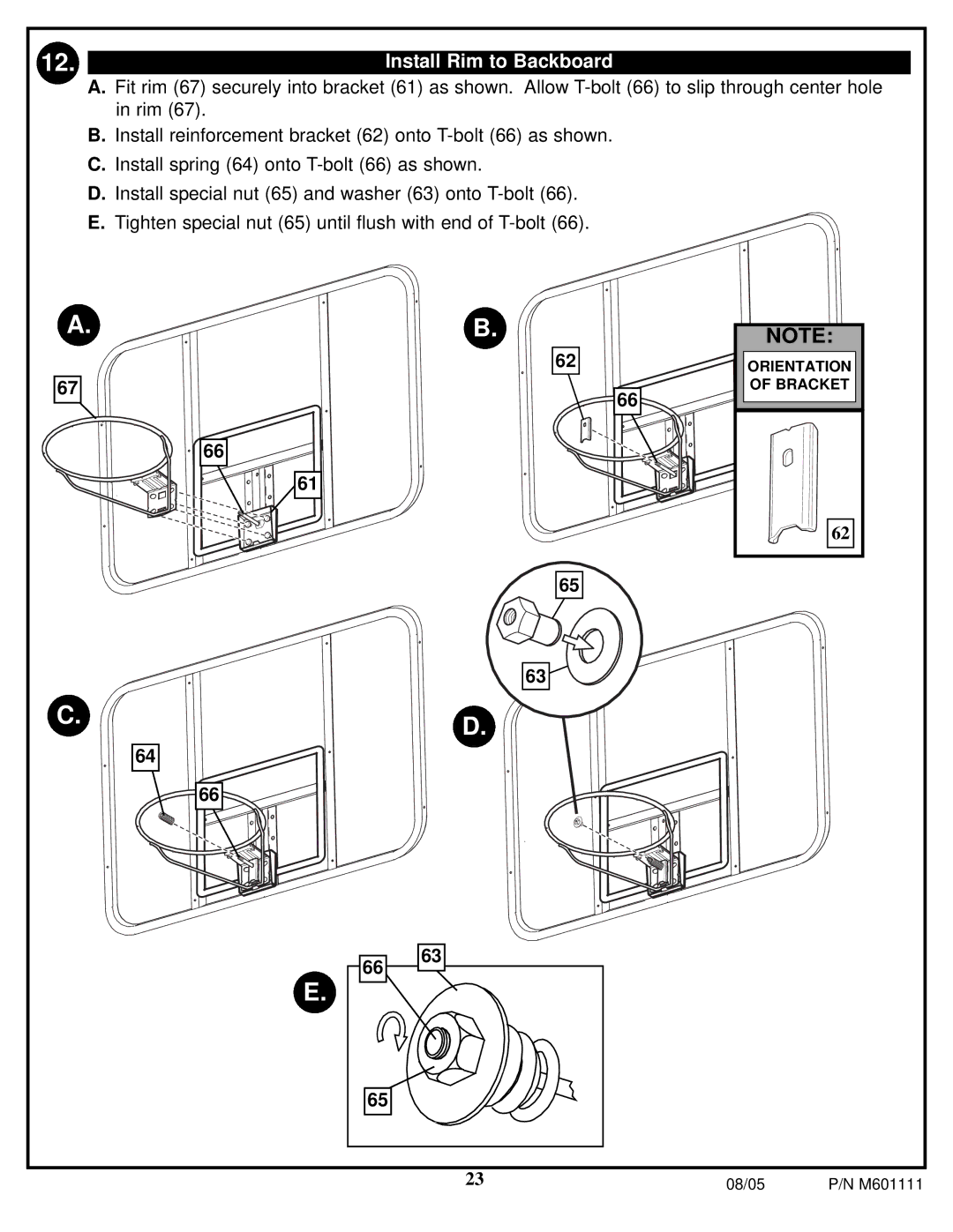 Spalding M60 1111 manual Install Rim to Backboard 