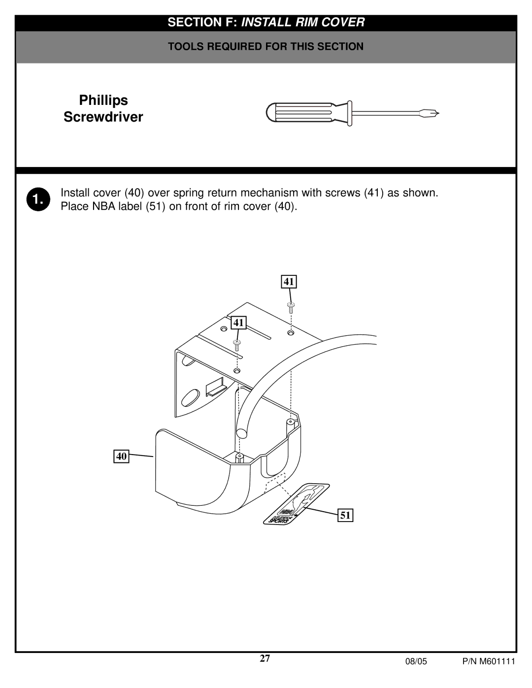 Spalding M60 1111 manual Section F Install RIM Cover 