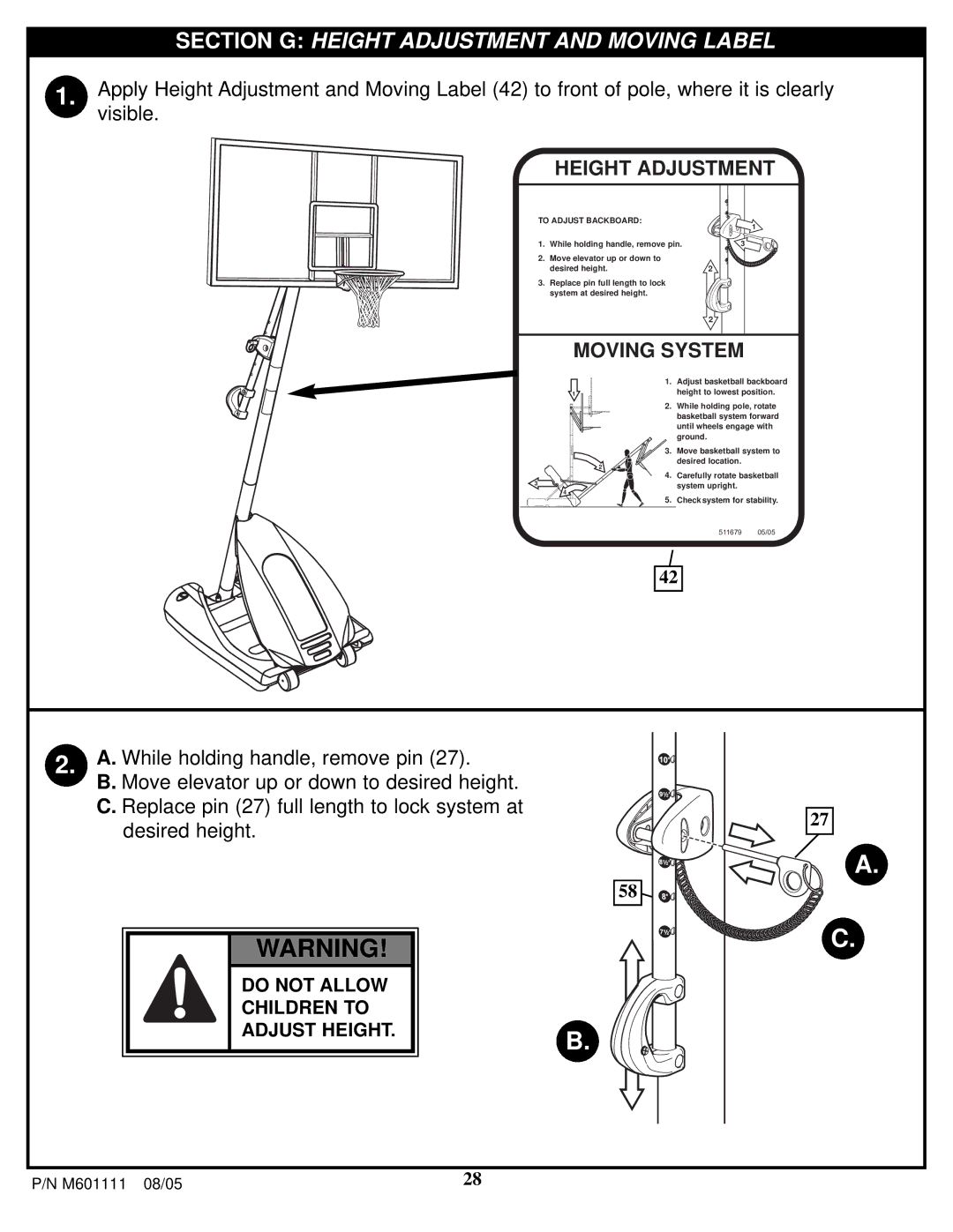 Spalding M60 1111 manual Section G Height Adjustment and Moving Label 