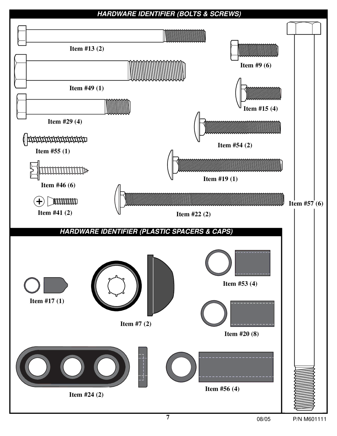 Spalding M60 1111 manual Hardware Identifier Plastic Spacers & Caps 