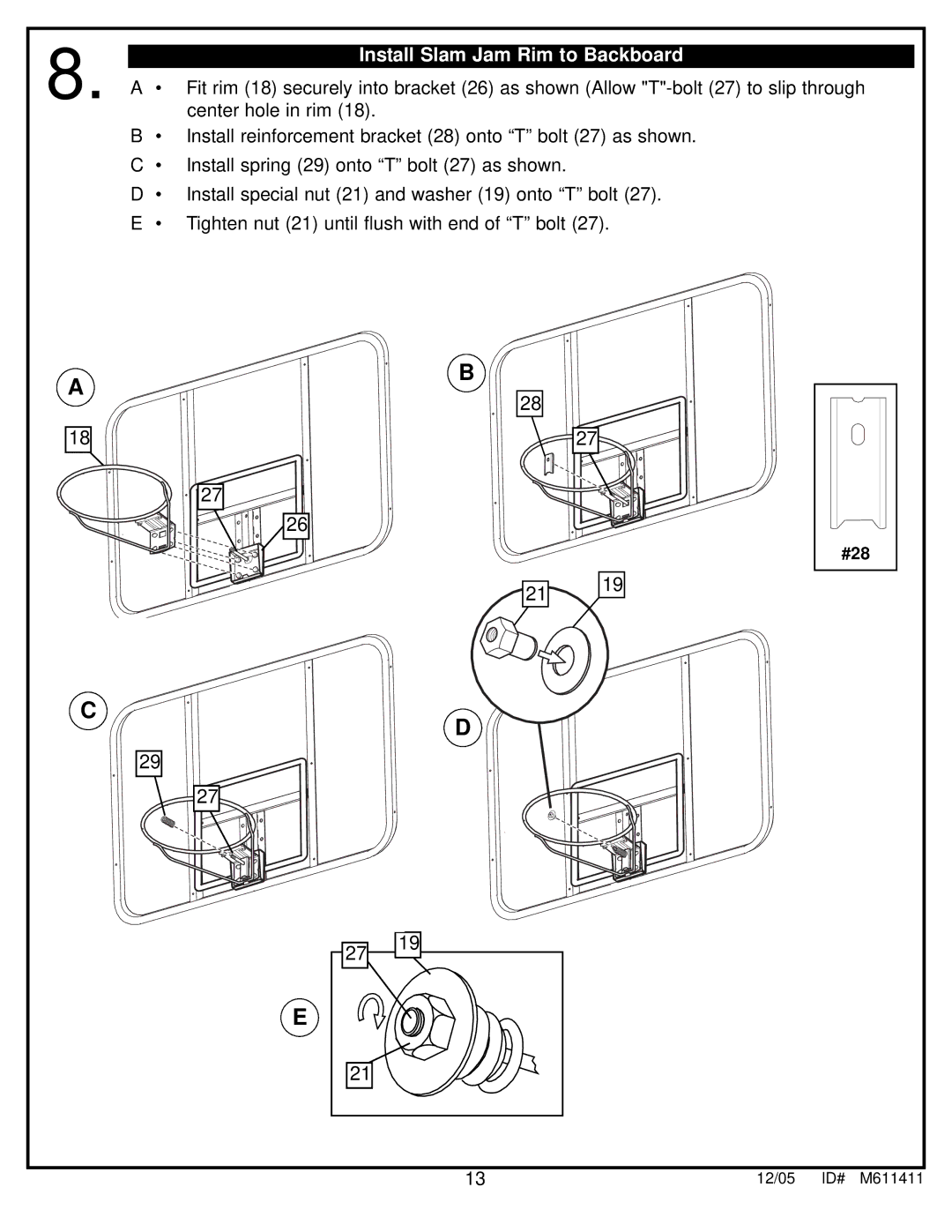 Spalding M611411 manual Install Slam Jam Rim to Backboard 