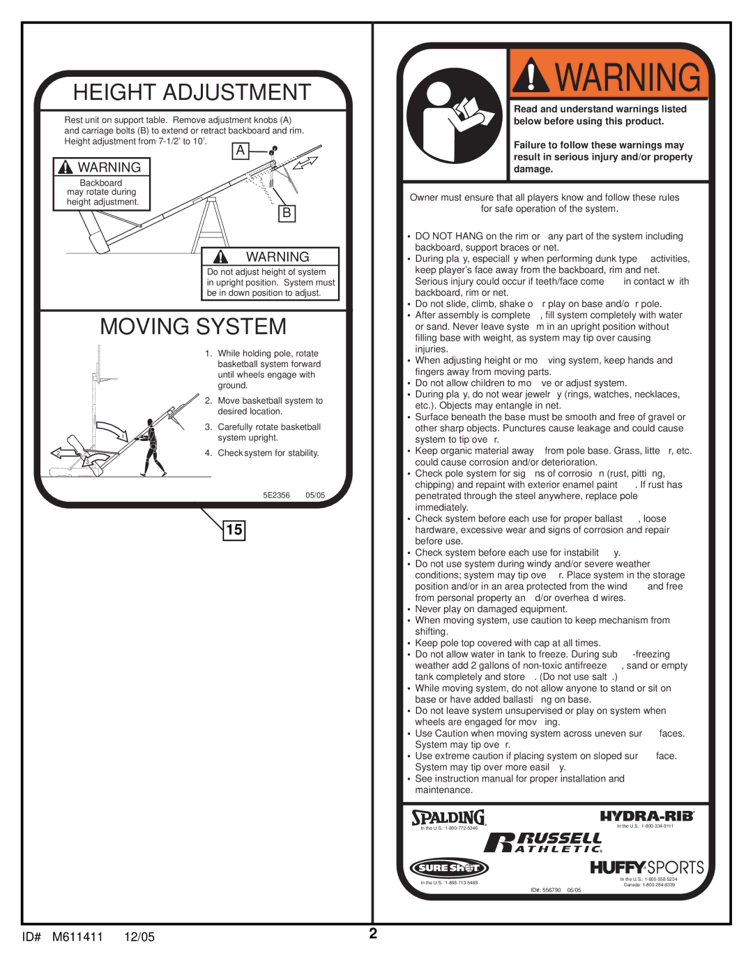 Spalding M611411 manual Height Adjustment 