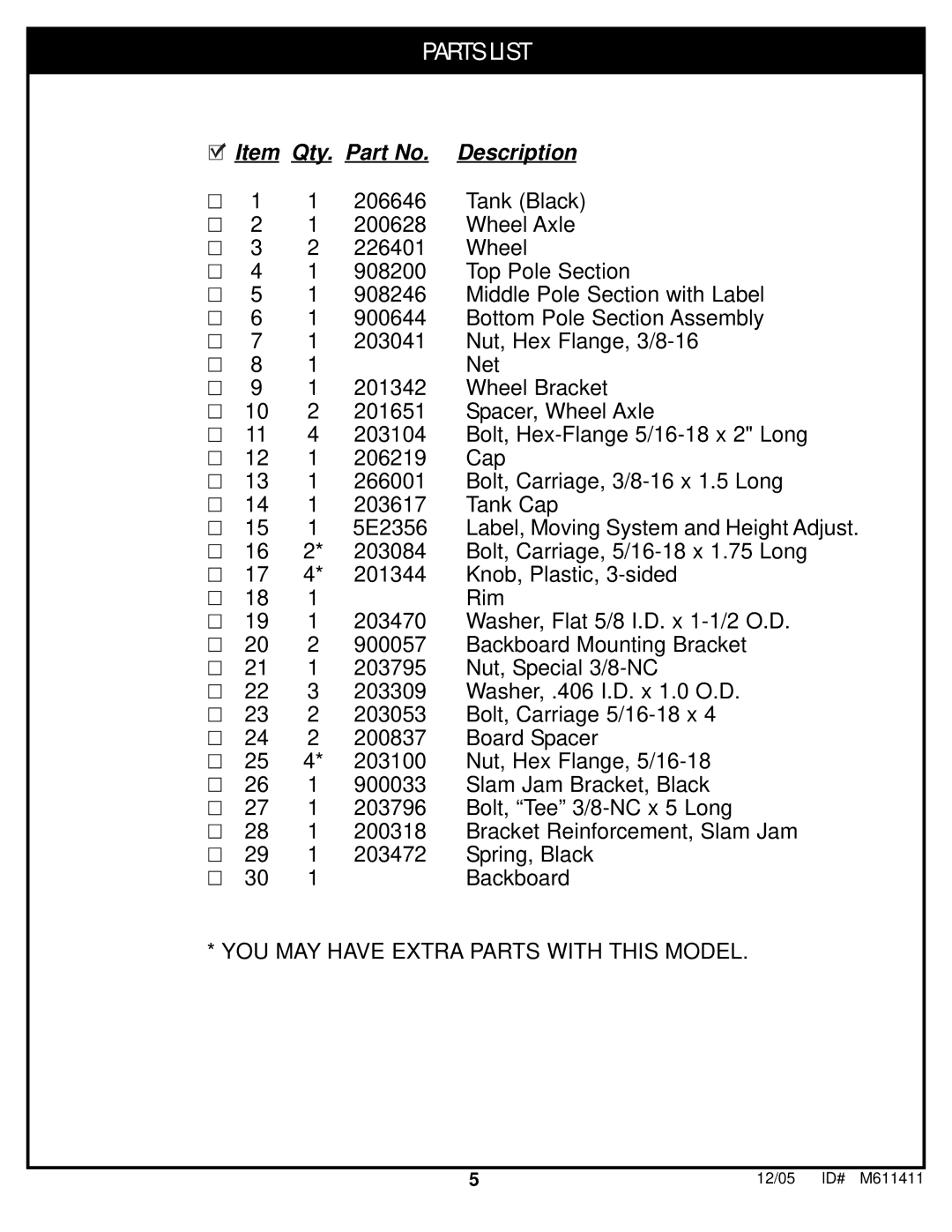 Spalding M611411 manual Parts List 