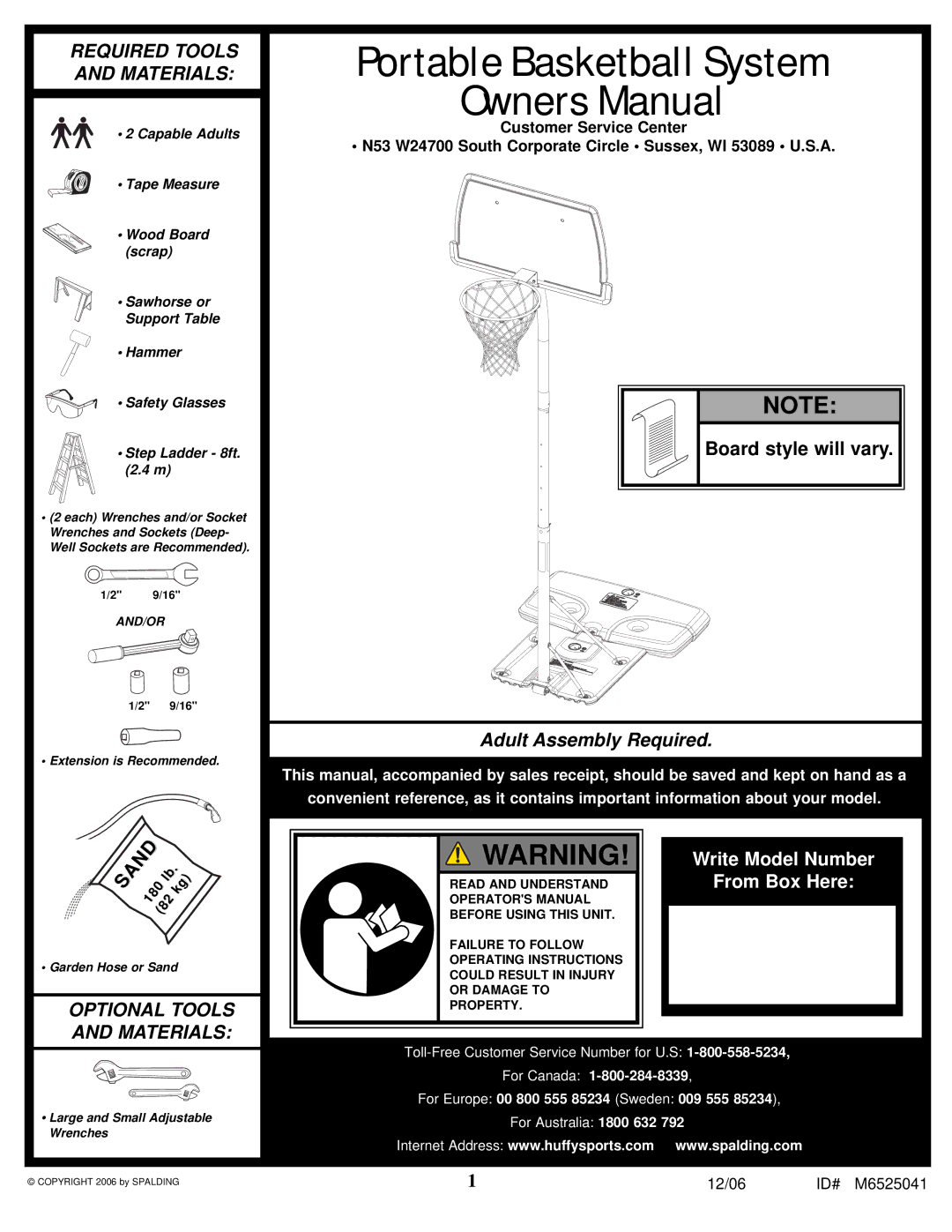 Spalding M6525041 manual Portable Basketball System 