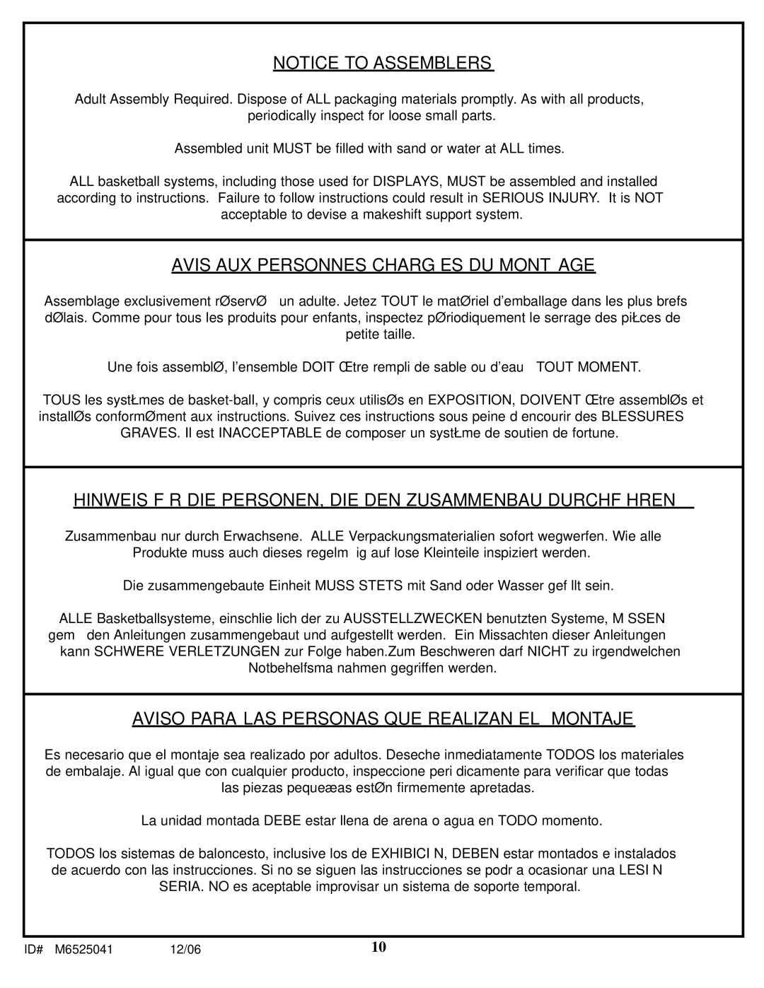 Spalding M6525041 manual Avis AUX Personnes Chargées DU Montage 