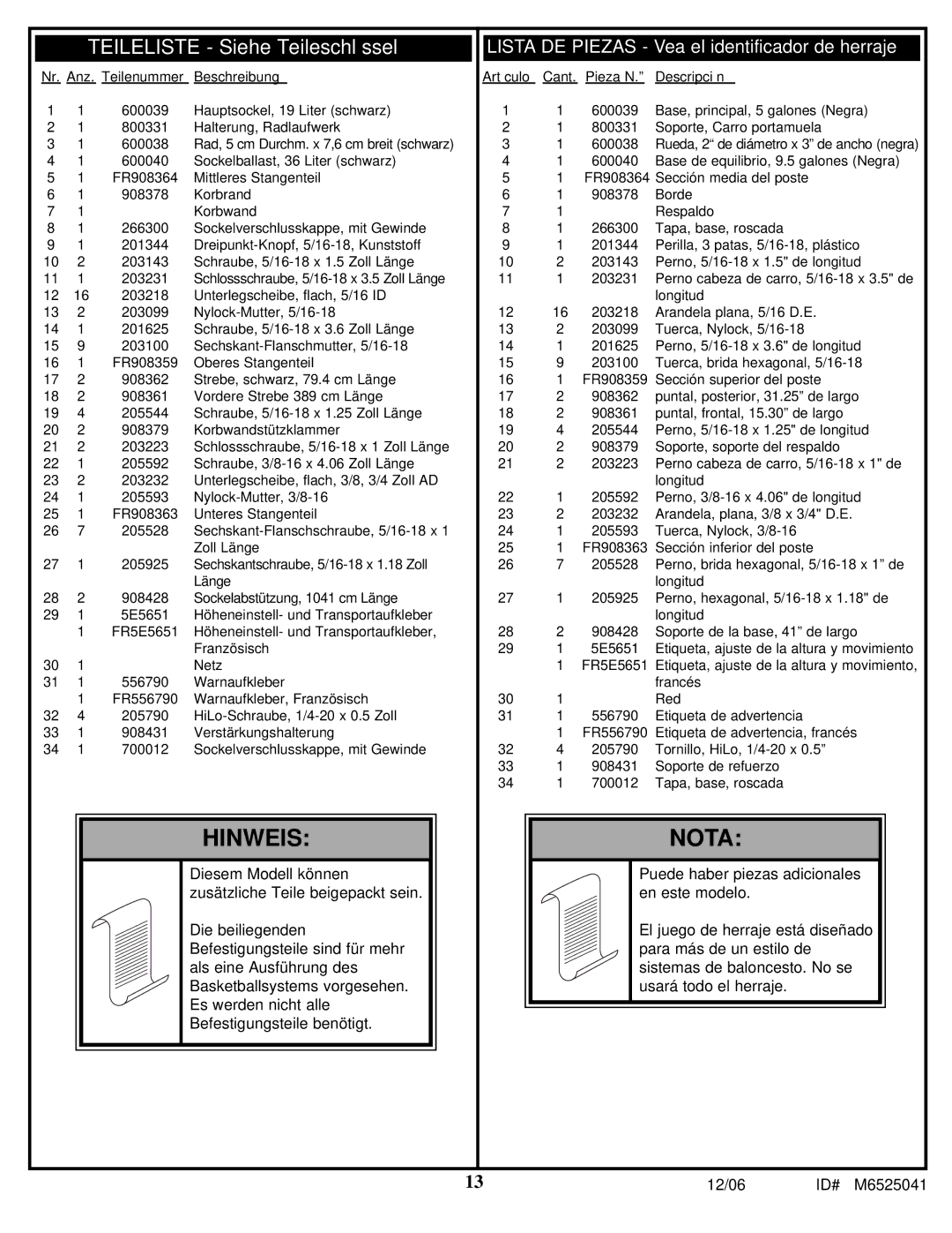 Spalding M6525041 manual Hinweis 