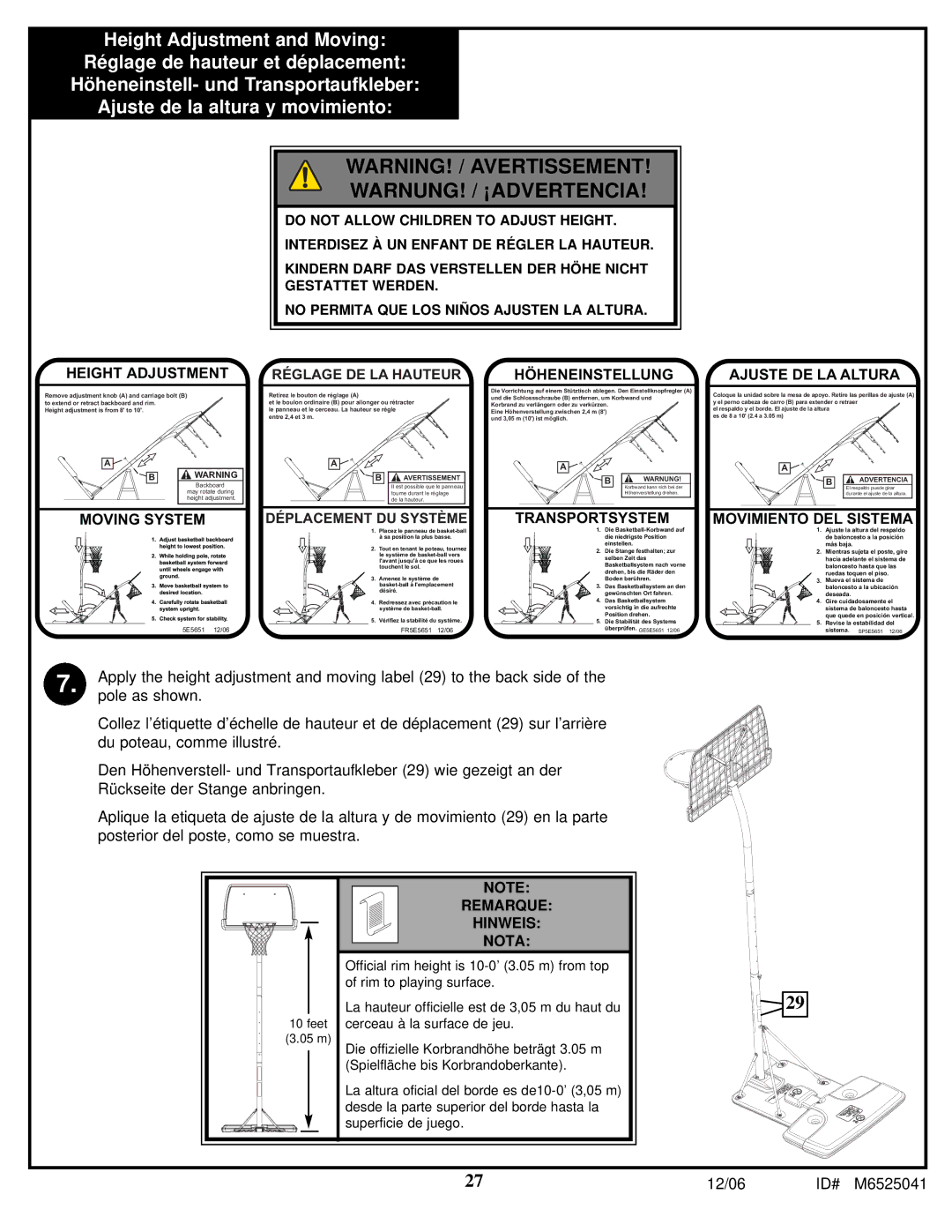 Spalding M6525041 manual Warnung! / ¡Advertencia 