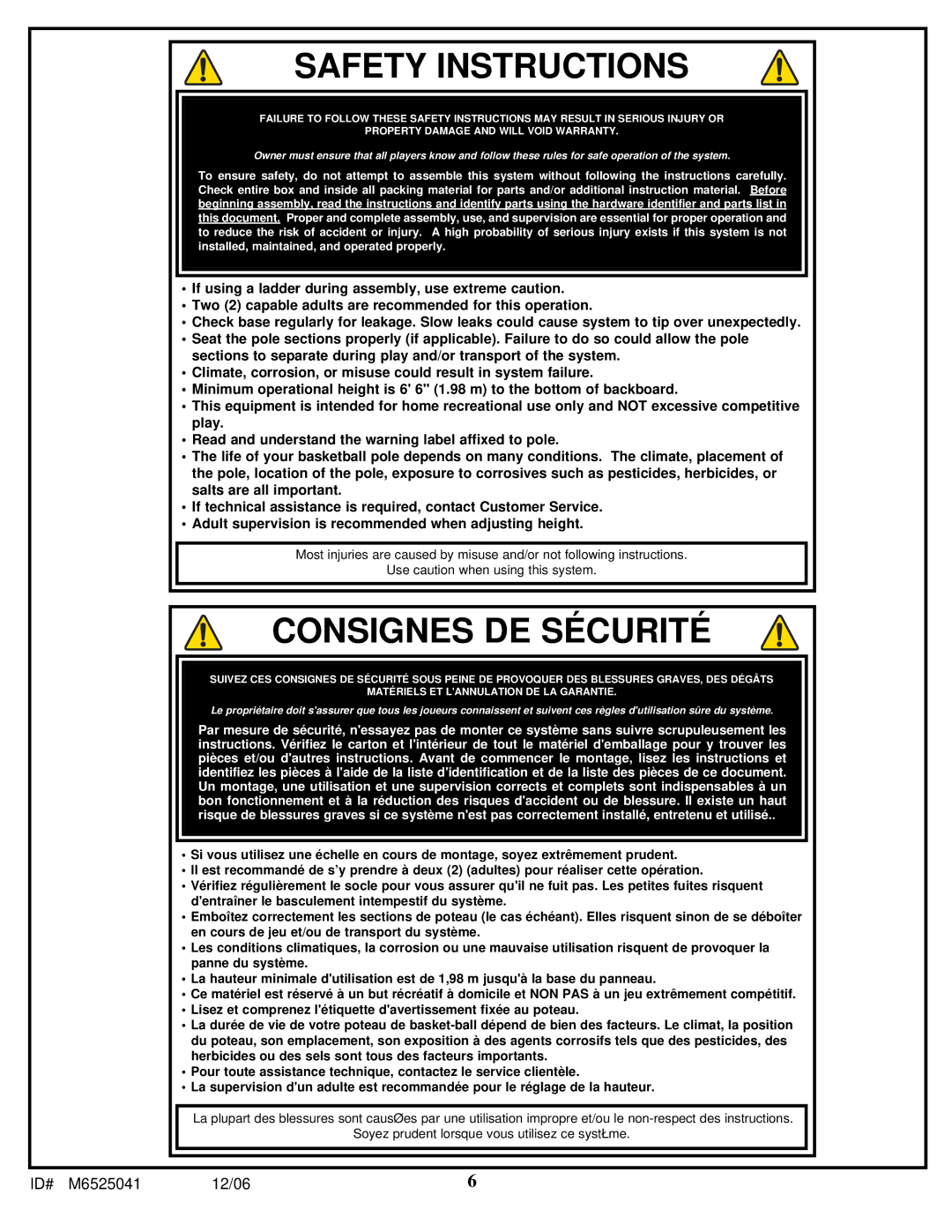 Spalding M6525041 manual Safety Instructions 