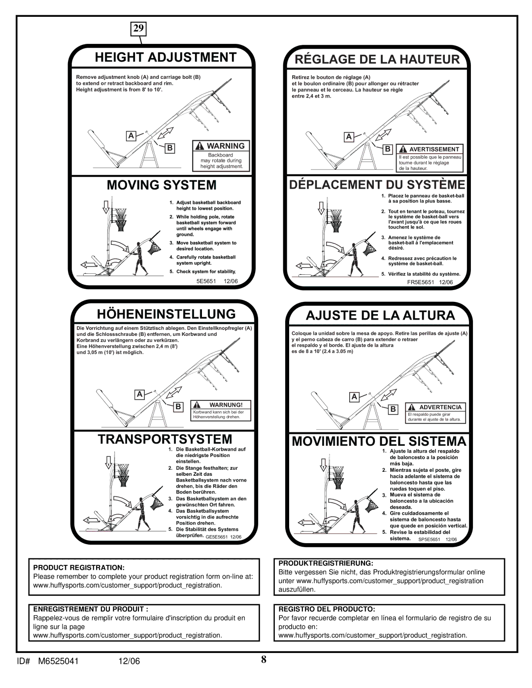 Spalding M6525041 manual Height Adjustment 