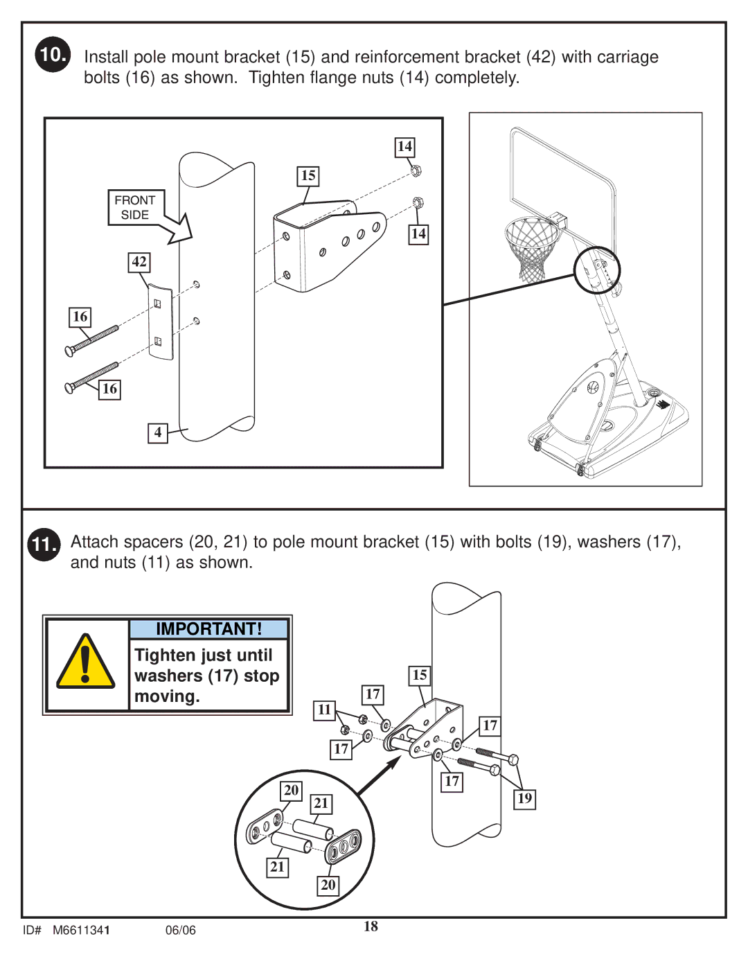 Spalding M6611341 manual Tighten just until washers 17 stop moving 