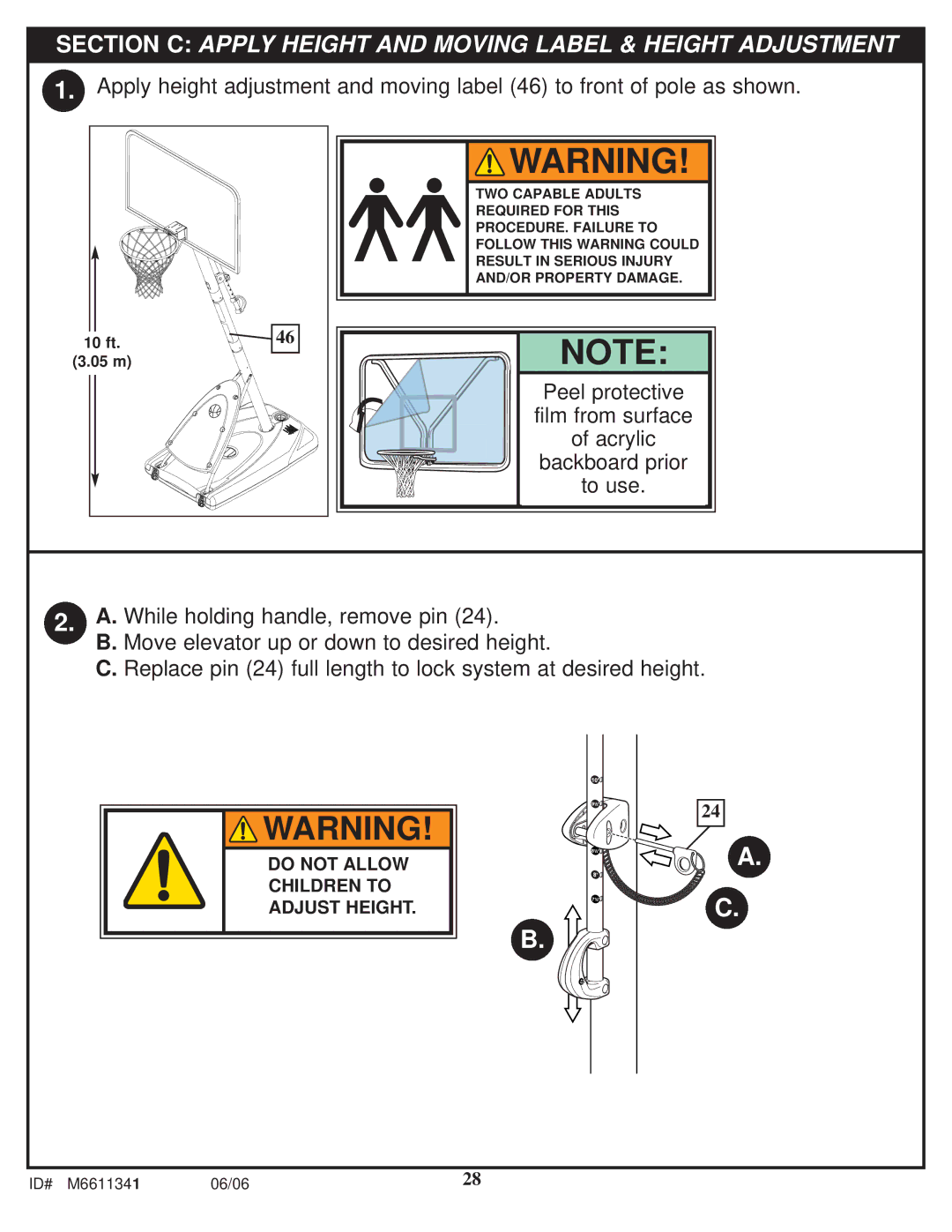 Spalding M6611341 manual Section C Apply Height and Moving Label & Height Adjustment 