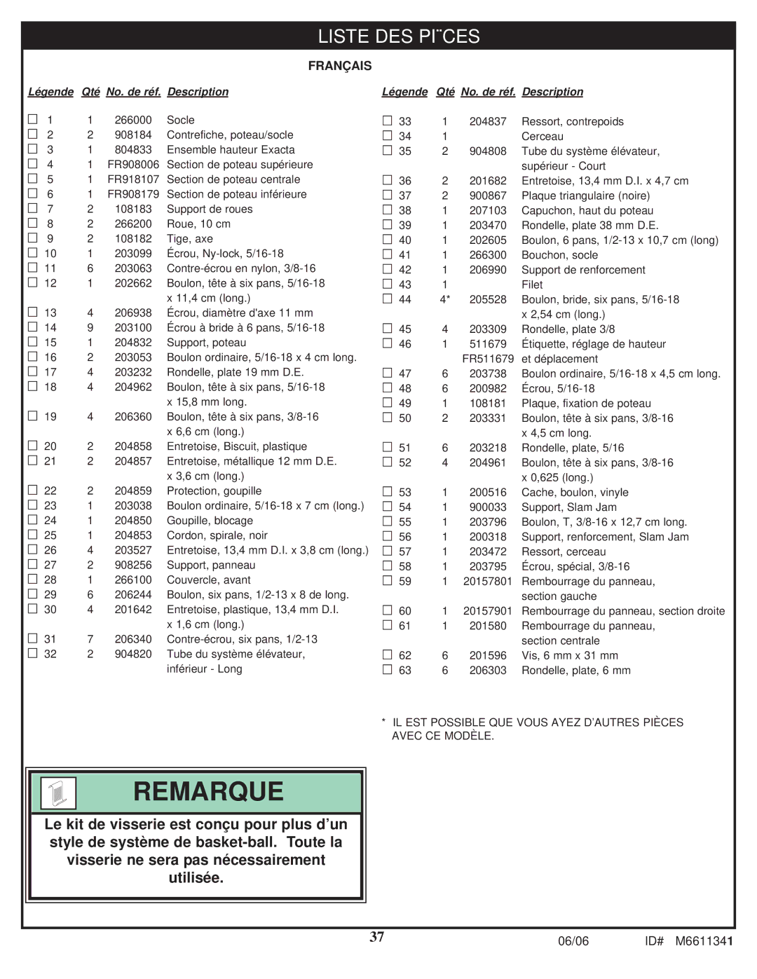 Spalding M6611341 manual Remarque 