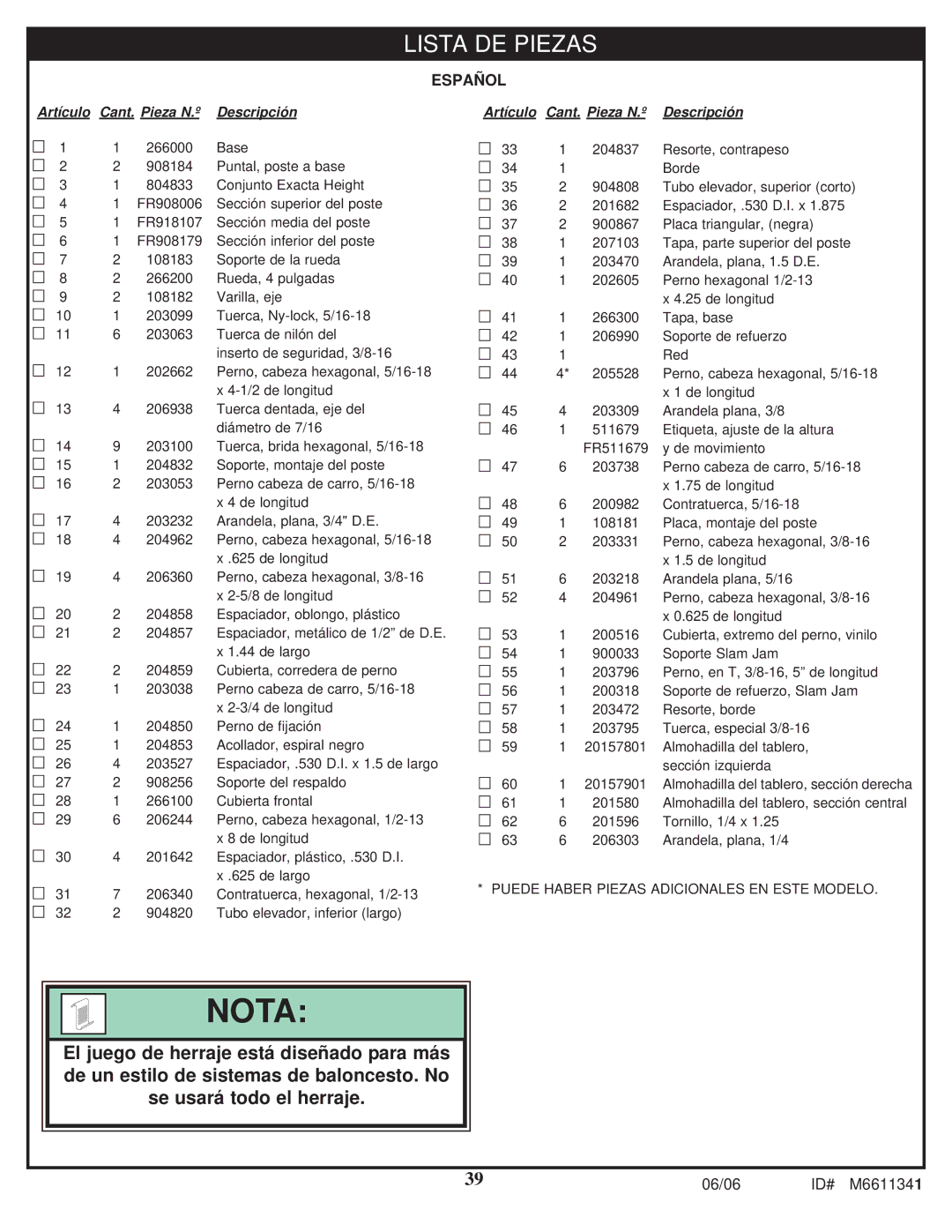 Spalding M6611341 manual Nota 