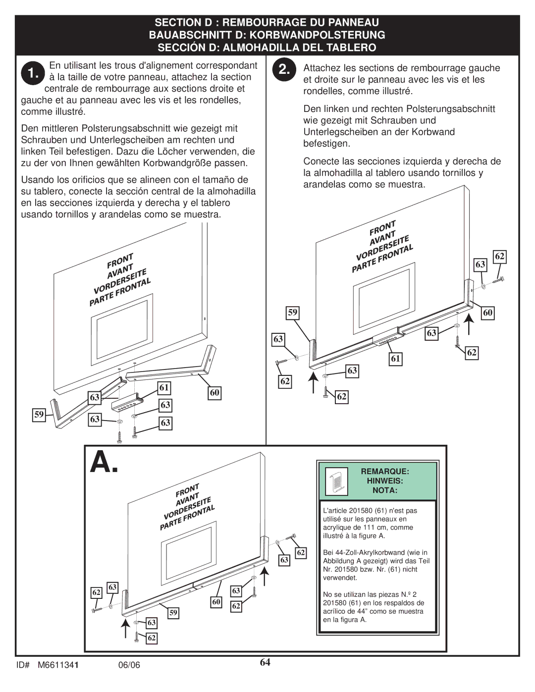 Spalding M6611341 manual Remarque Hinweis Nota 