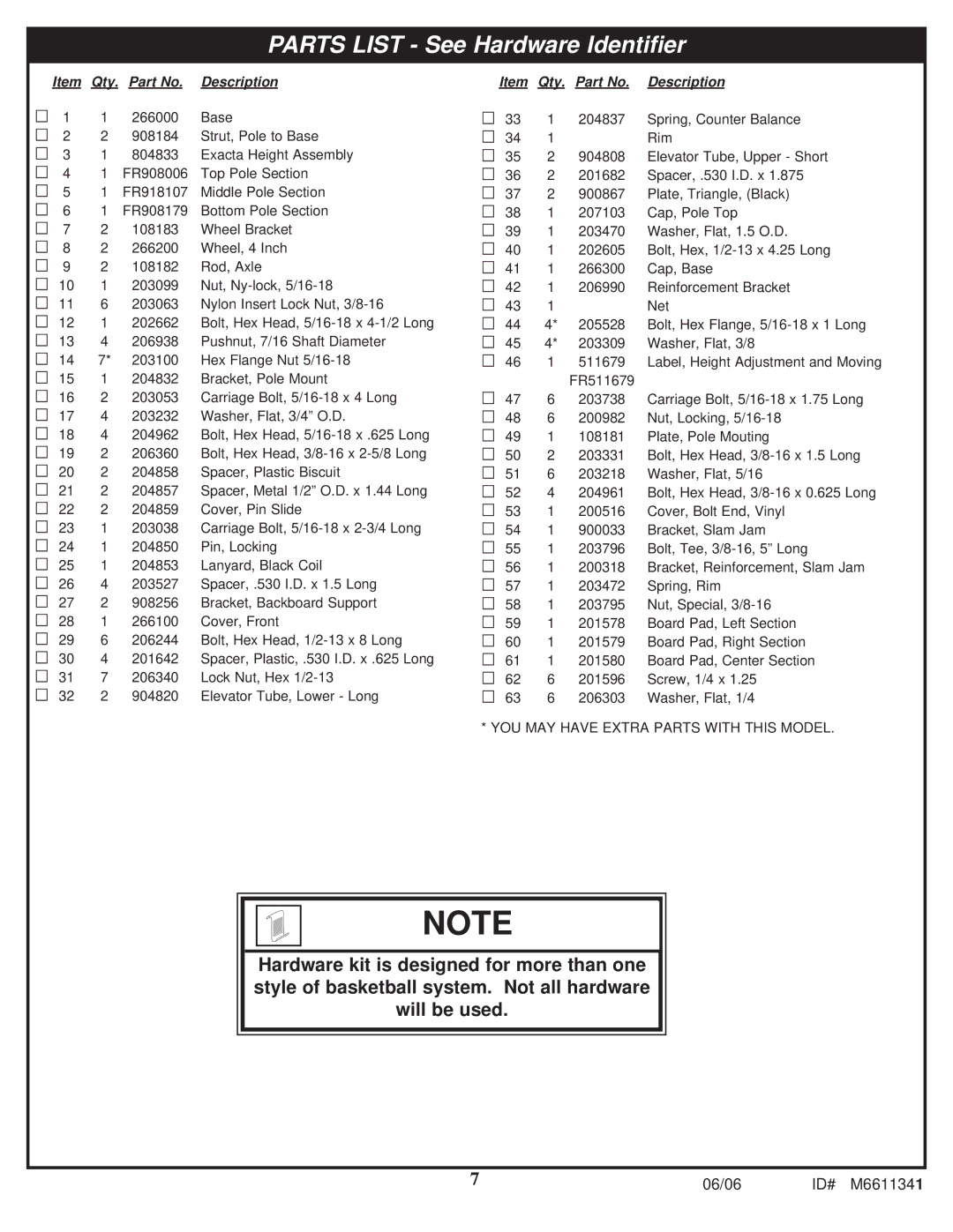 Spalding M6611341 manual Parts List See Hardware Identifier 