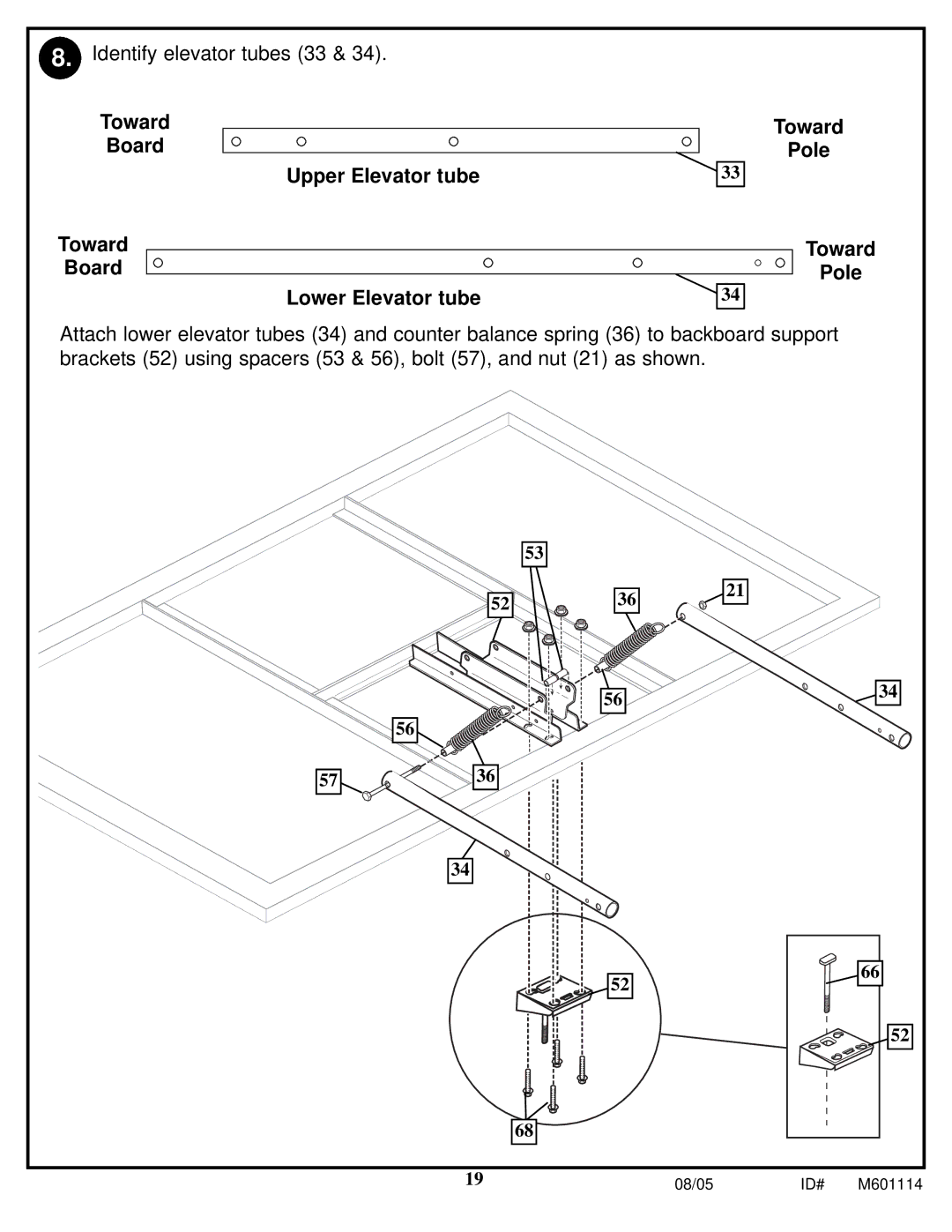 Spalding M661154 manual Toward Board Upper Elevator tube Lower Elevator tube Pole 