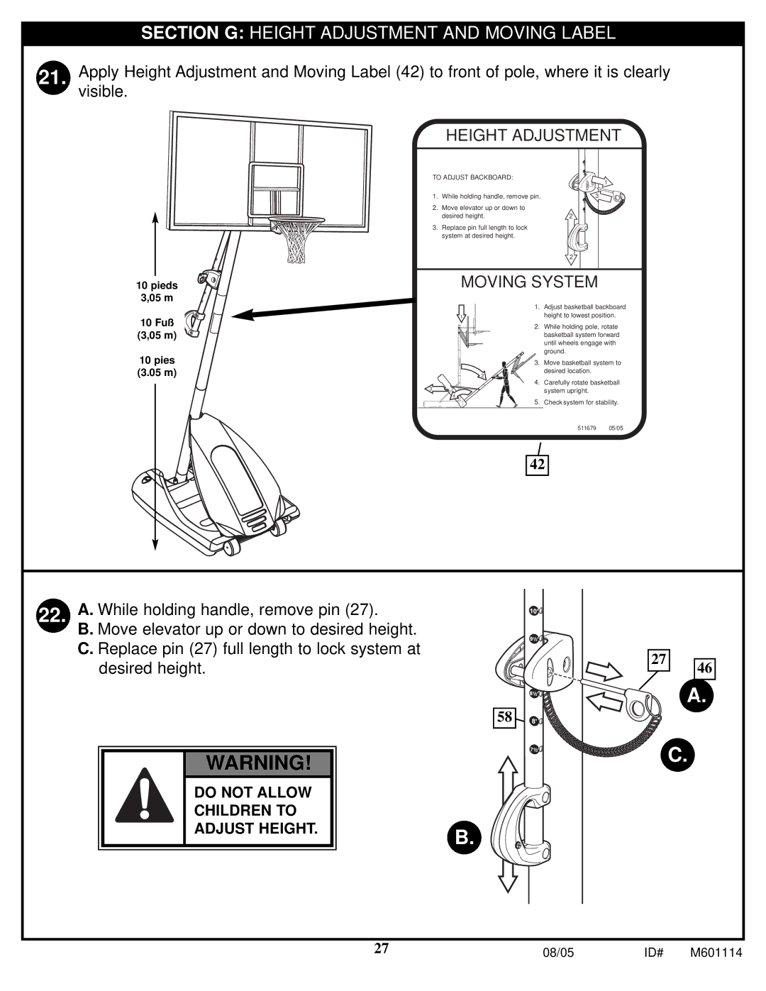 Spalding M661154 manual Section G Height Adjustment and Moving Label 