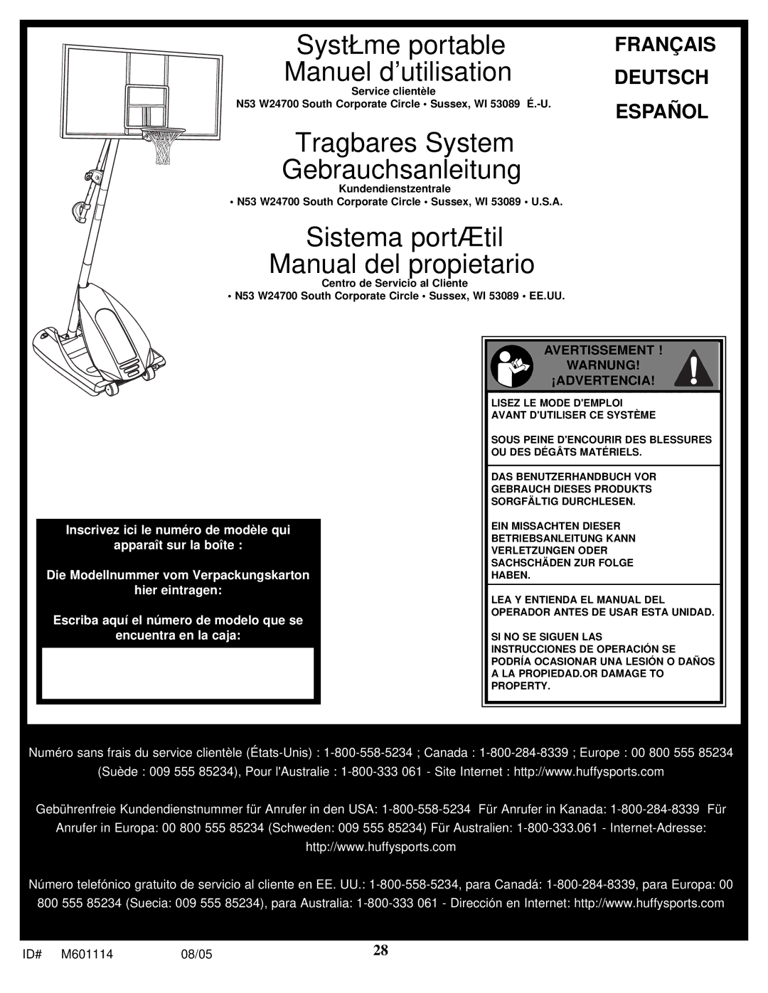 Spalding M661154 manual Manuel dutilisation, Avertissement Warnung ¡ADVERTENCIA 