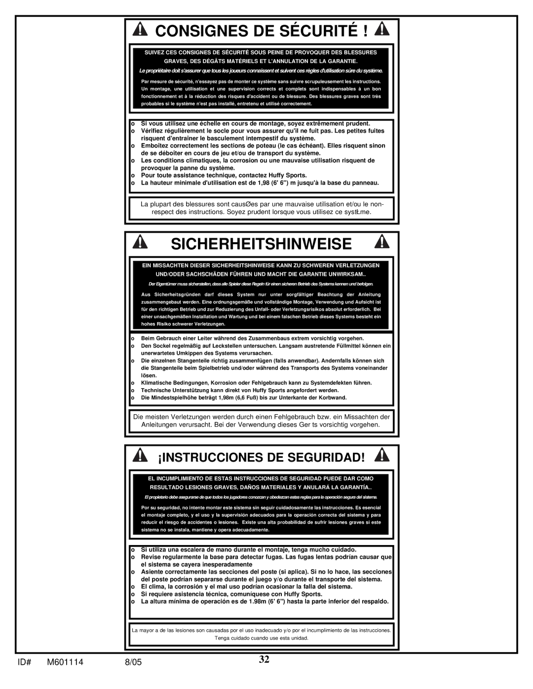 Spalding M661154 manual Consignes DE Sécurité 