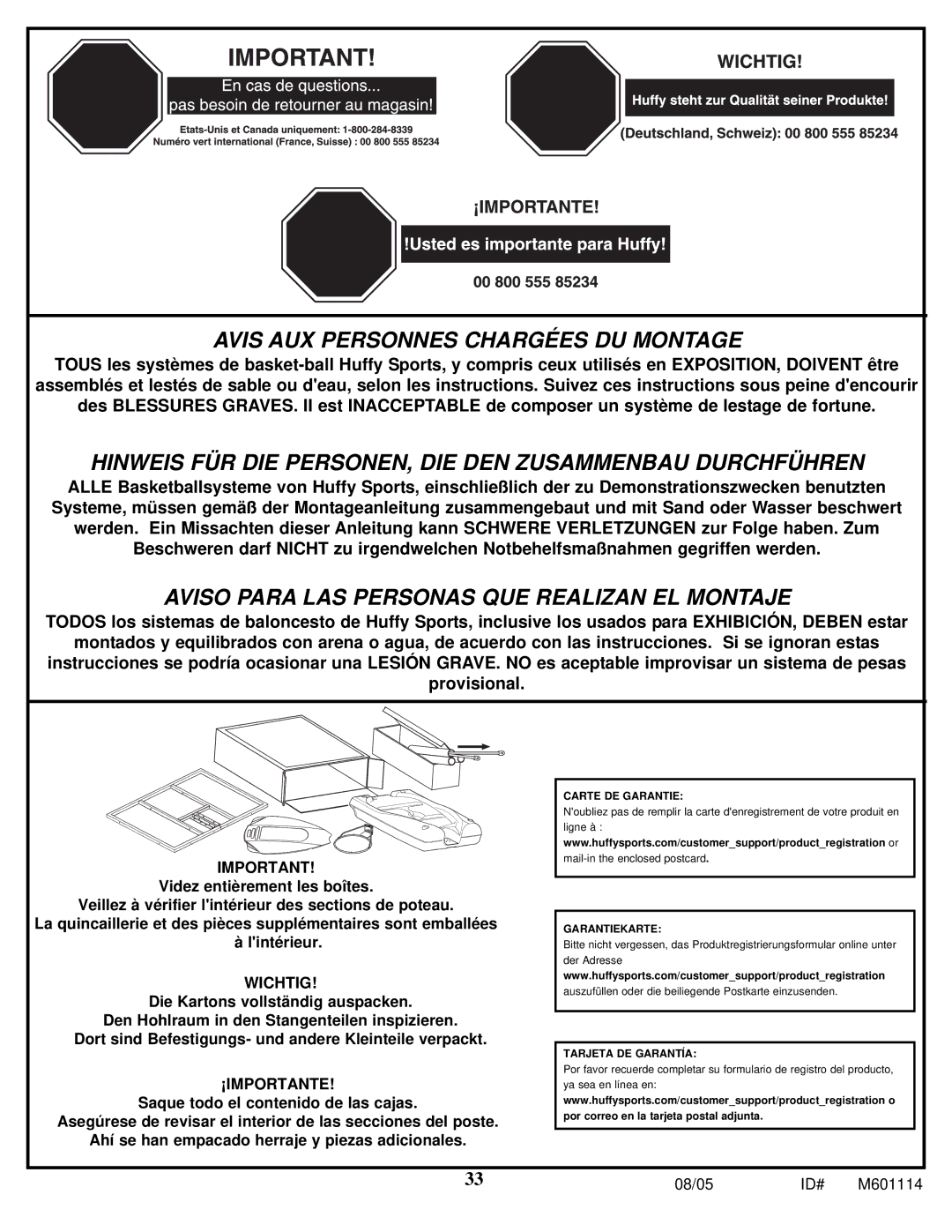 Spalding M661154 manual Wichtig, ¡Importante 