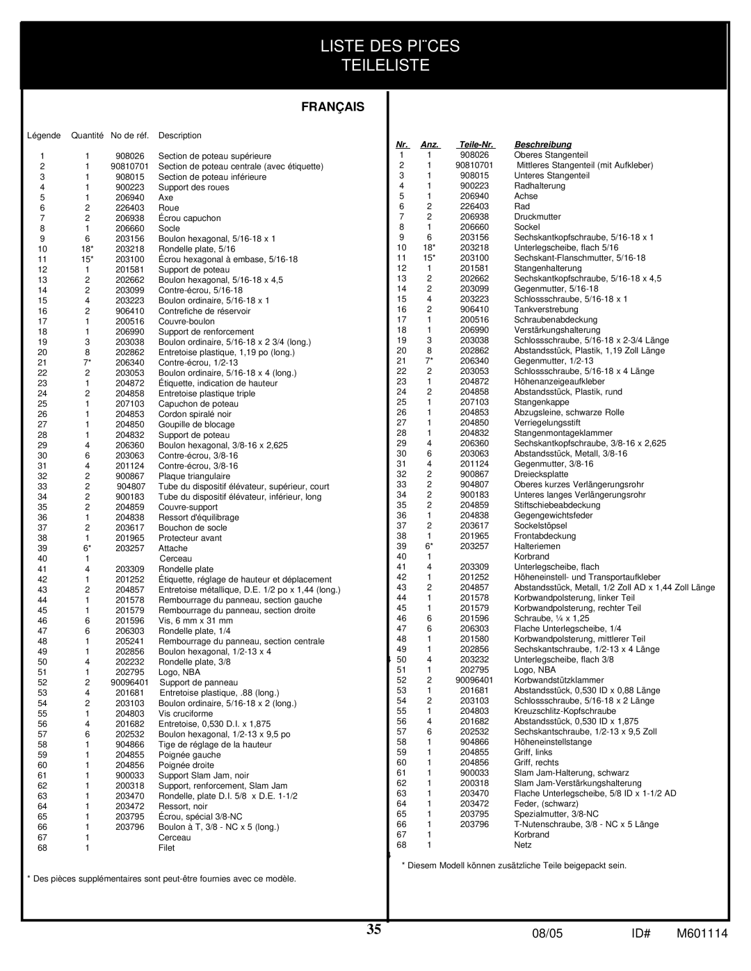 Spalding M661154 manual Liste DES Pièces Teileliste, Français 