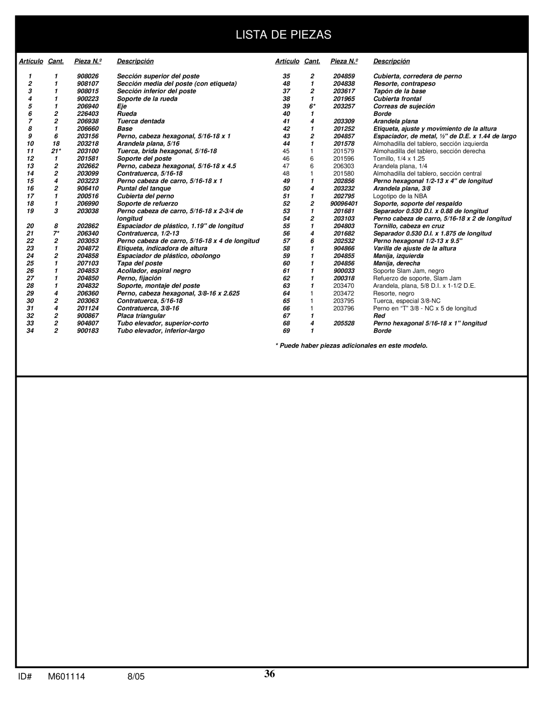 Spalding M661154 manual Lista DE Piezas 