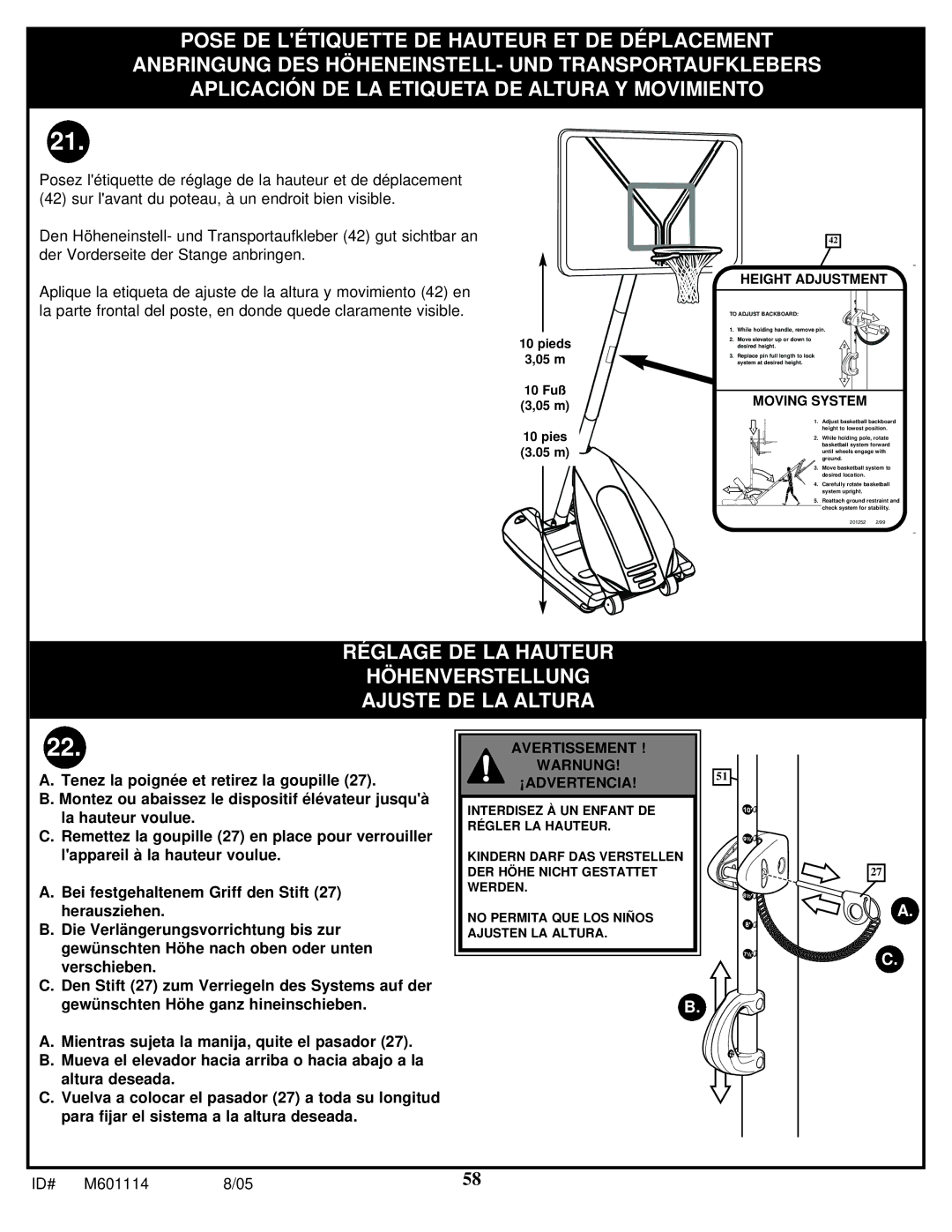 Spalding M661154 manual Réglage DE LA Hauteur Höhenverstellung Ajuste DE LA Altura 