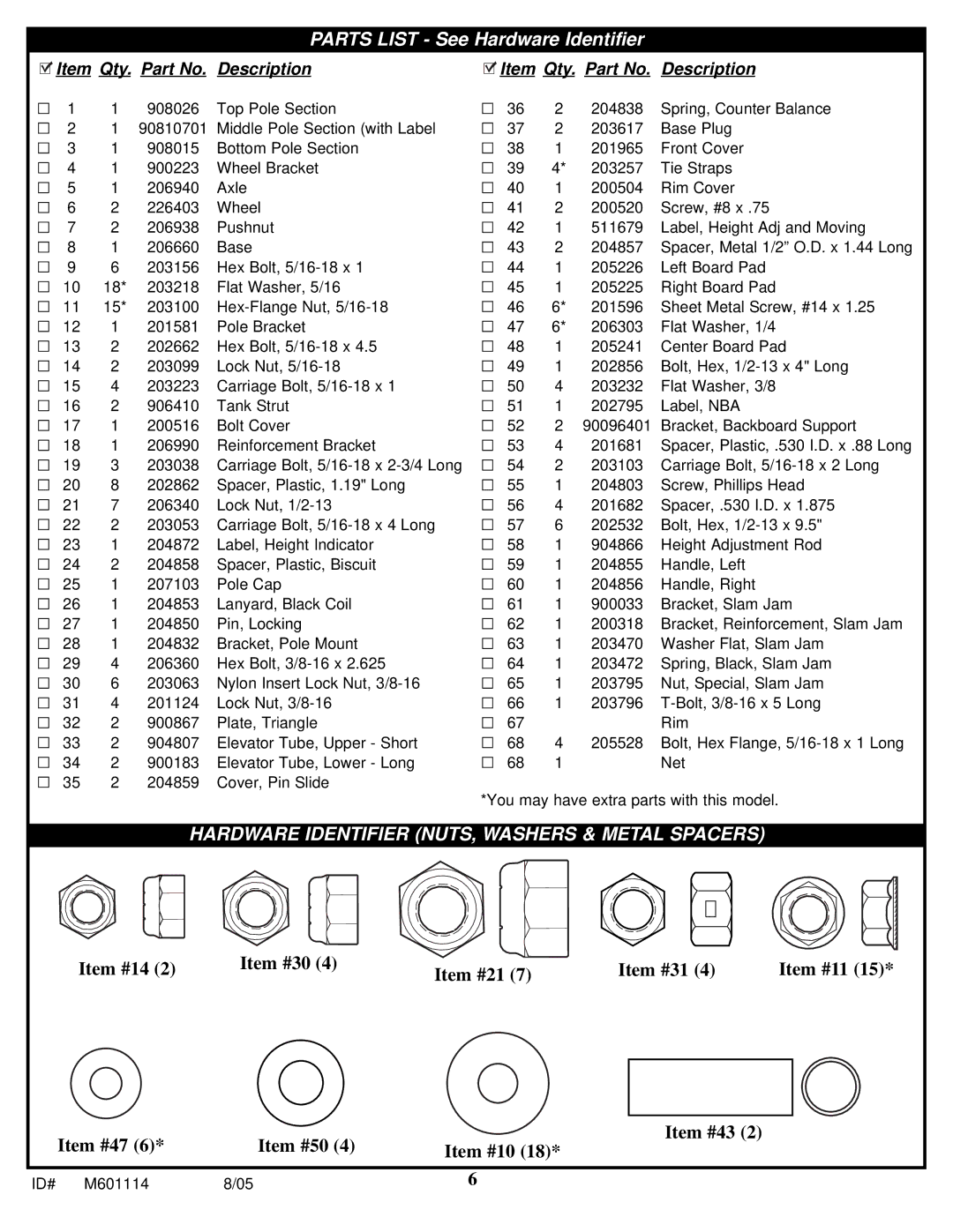 Spalding M661154 manual Parts List See Hardware Identifier, Id# 