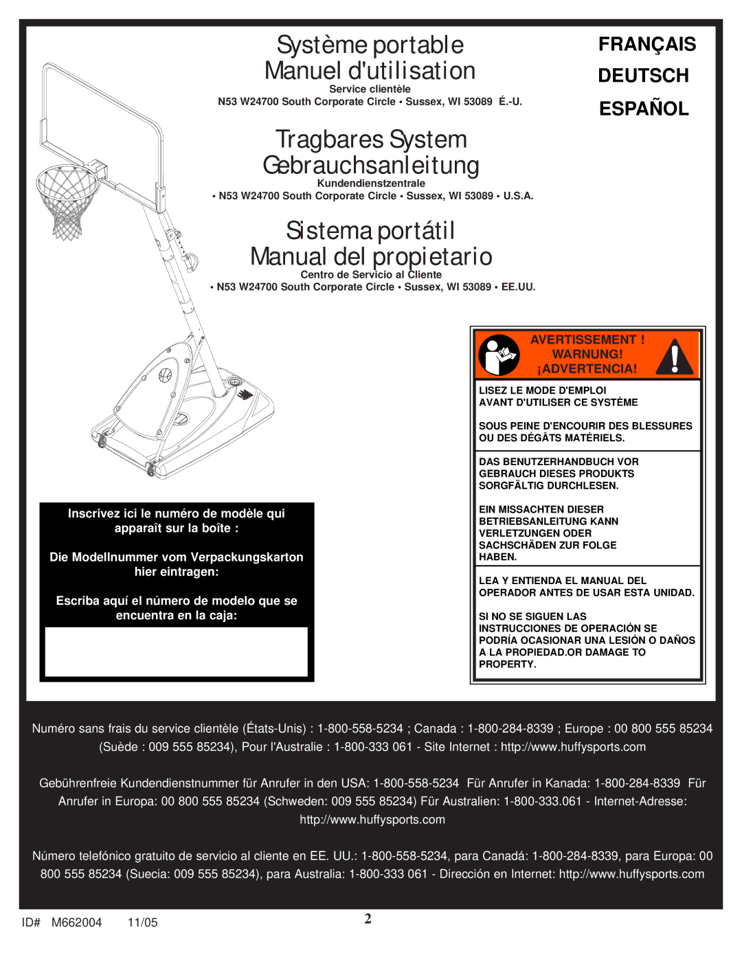 Spalding M662004 manual Manuel dutilisation, Avertissement Warnung ¡ADVERTENCIA 