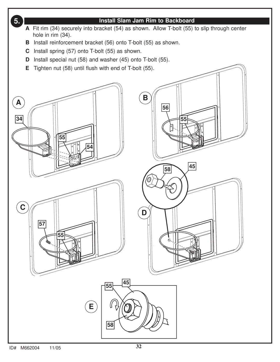 Spalding M662004 manual Install Slam Jam Rim to Backboard 