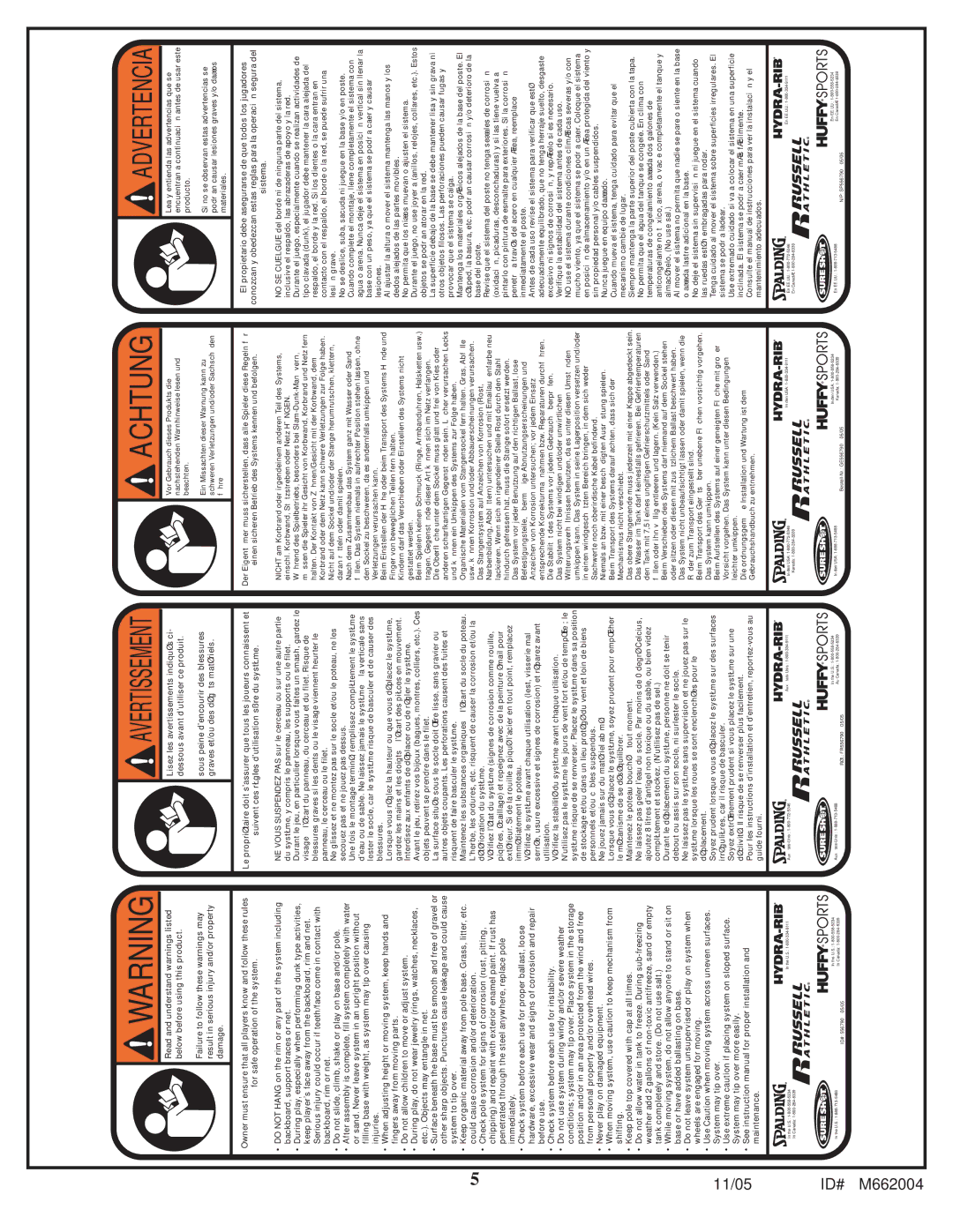 Spalding M662004 manual Advertencia, Avertissement 