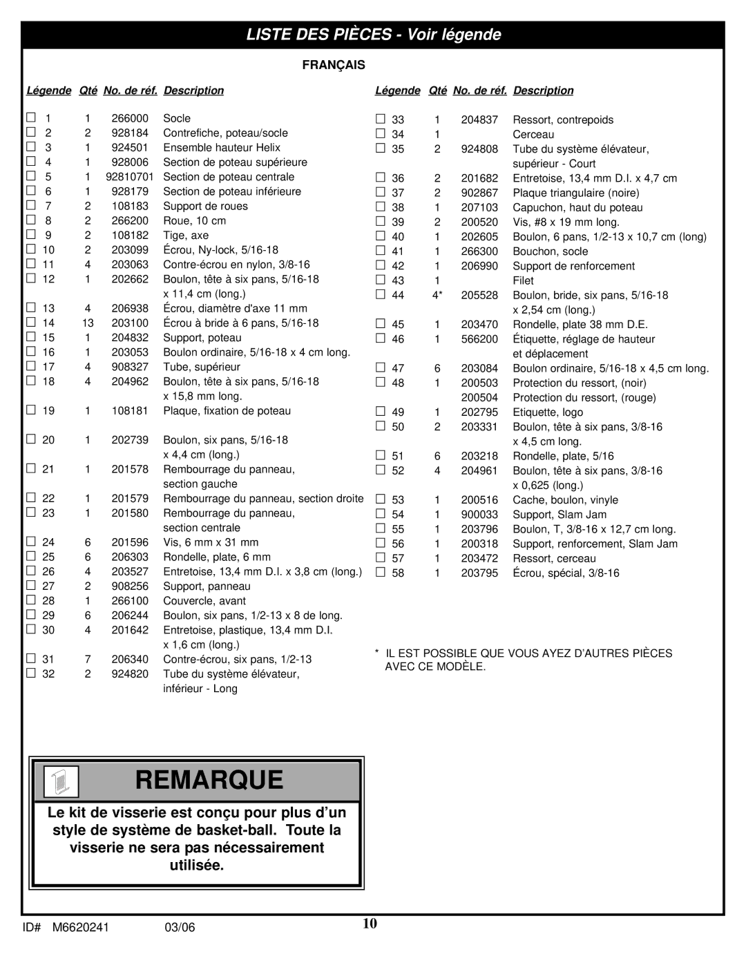 Spalding M6620241 manual Liste DES Pièces Voir légende, Français 