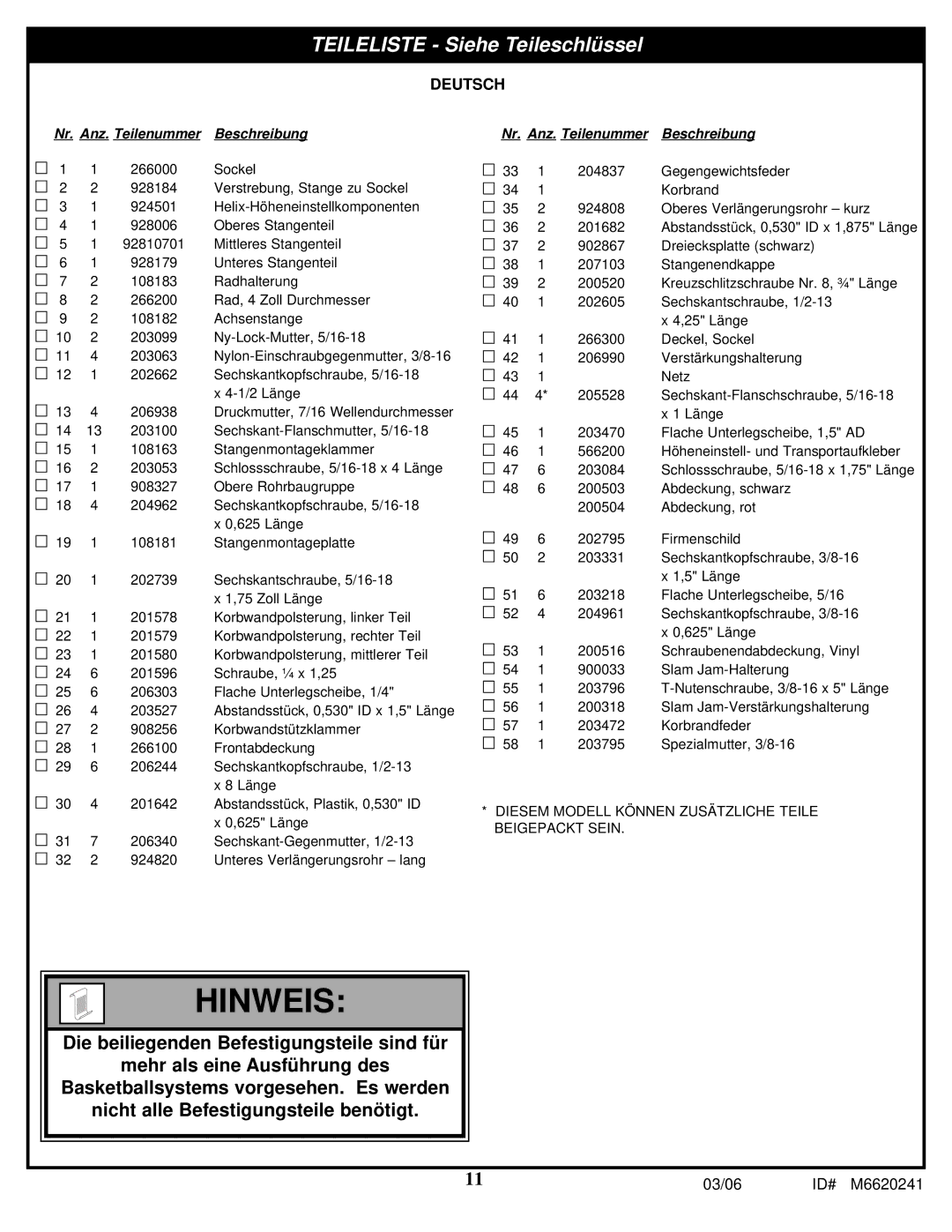 Spalding M6620241 manual Teileliste Siehe Teileschlüssel, Deutsch 