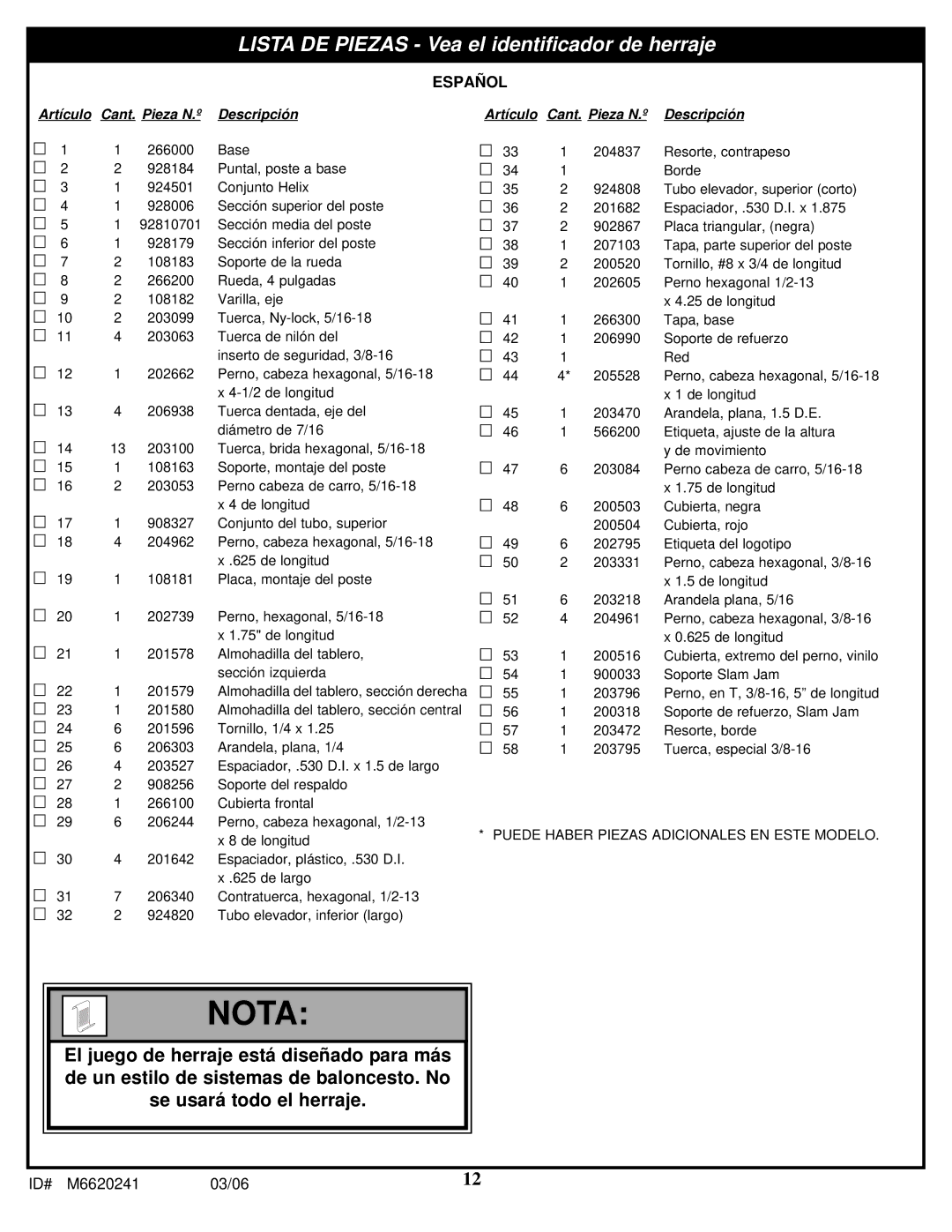 Spalding M6620241 manual Lista DE Piezas Vea el identificador de herraje, Español 