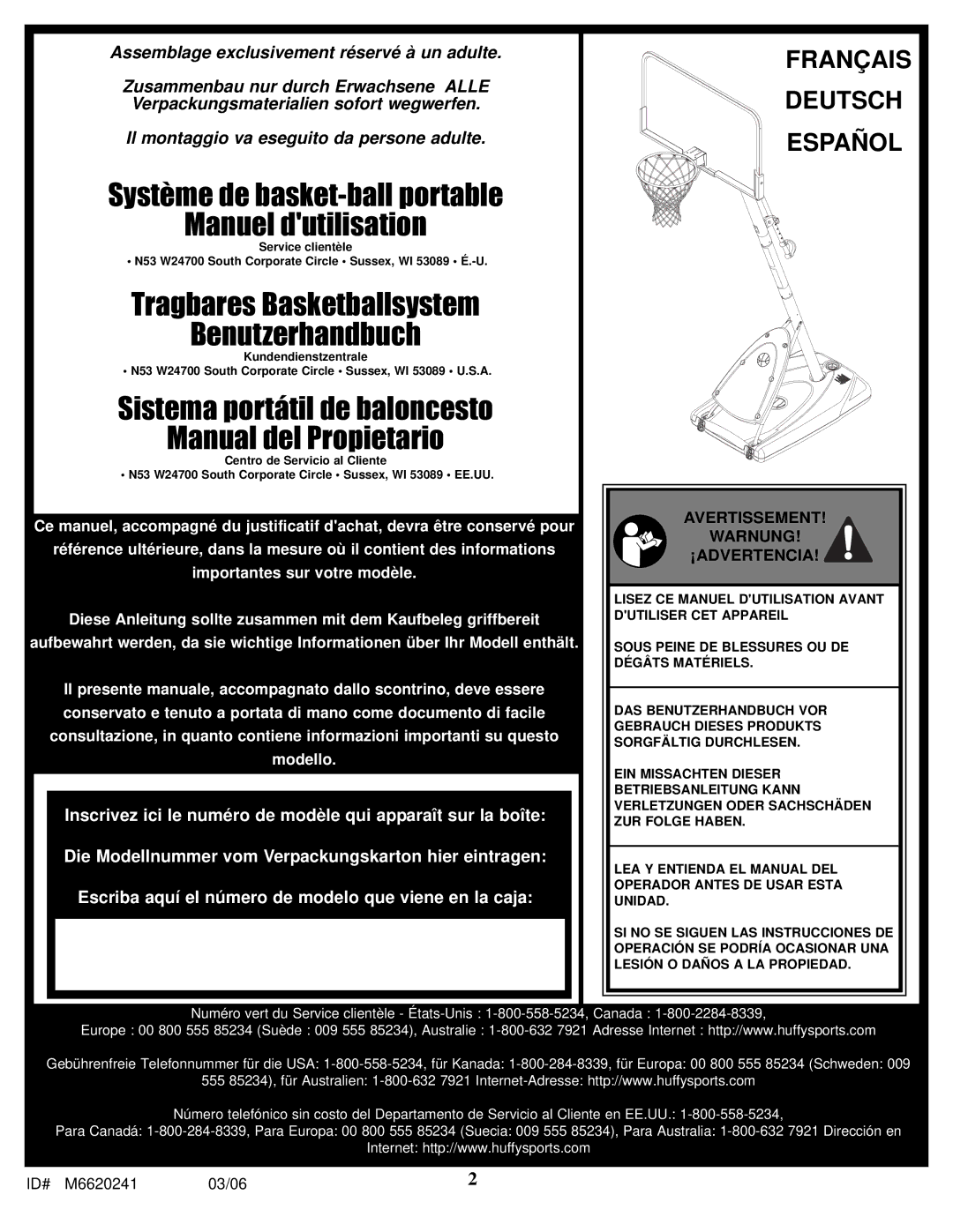 Spalding M6620241 manual Sistema portátil de baloncesto Manual del Propietario, Avertissement Warnung ¡ADVERTENCIA 