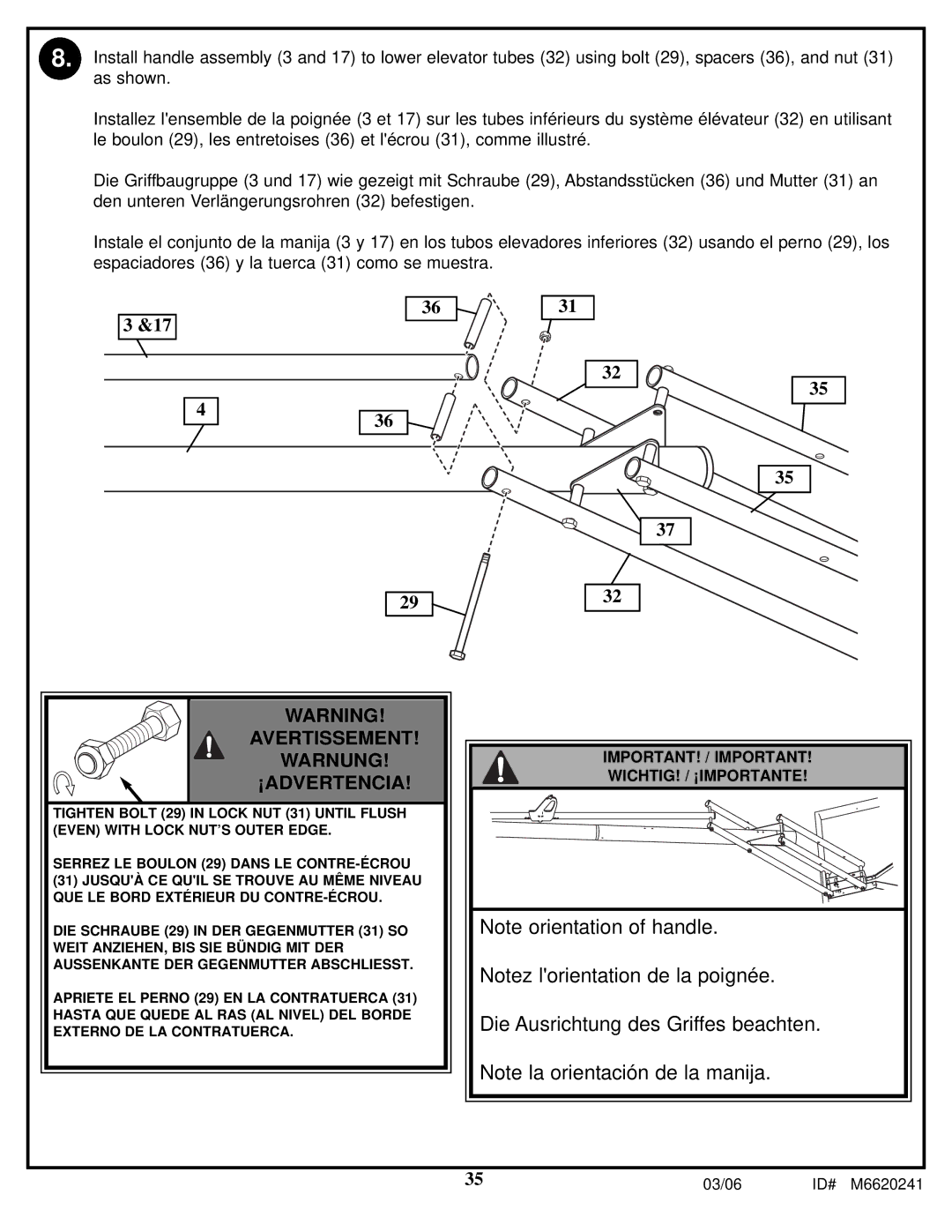 Spalding M6620241 manual Die Ausrichtung des Griffes beachten, IMPORTANT! / Important WICHTIG! / ¡IMPORTANTE 