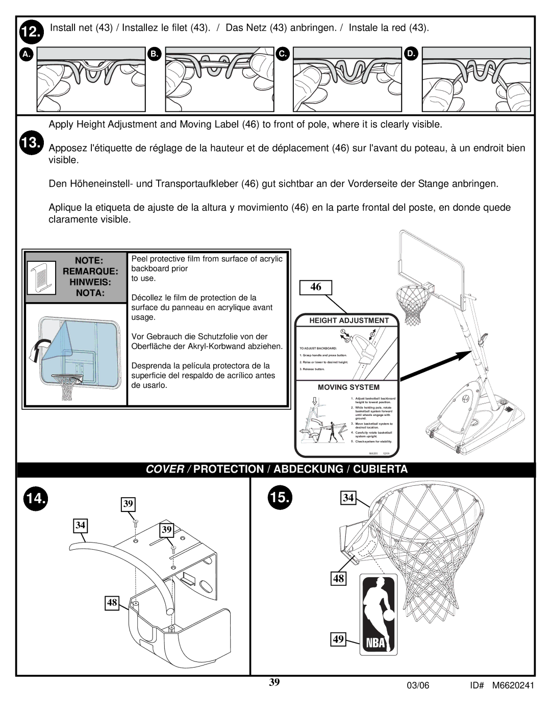 Spalding M6620241 manual Remarque Hinweis Nota, Height Adjustment 