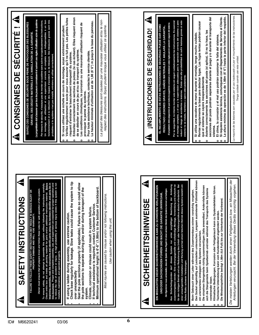 Spalding M6620241 manual Safety Instructions 