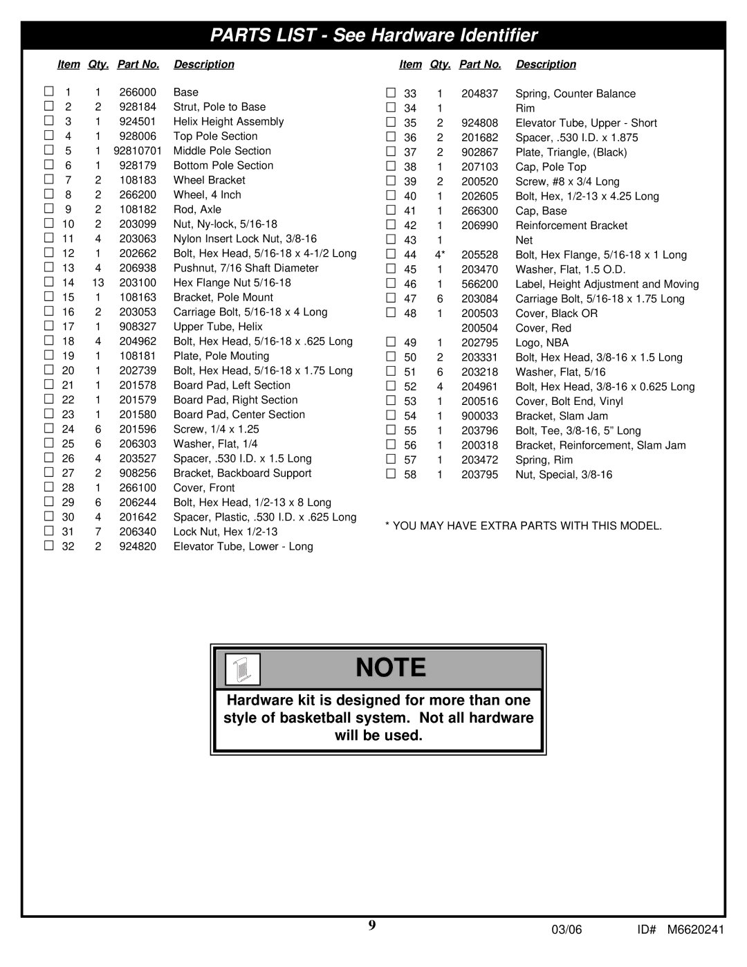 Spalding M6620241 manual Parts List See Hardware Identifier 