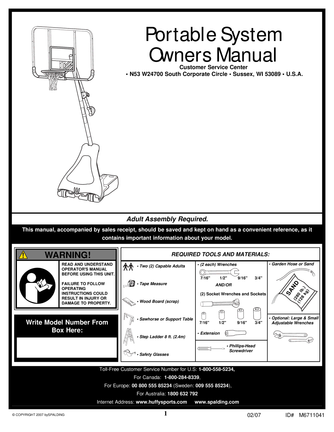 Spalding M6711041 manual Portable System 