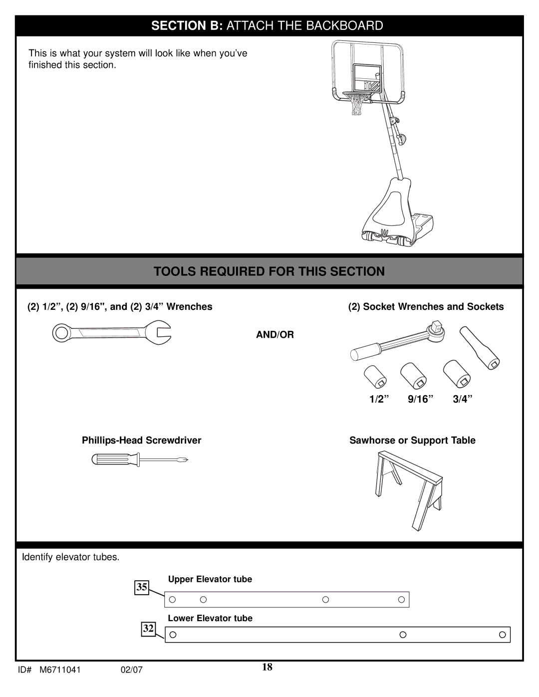 Spalding M6711041 manual Section B Attach the Backboard 