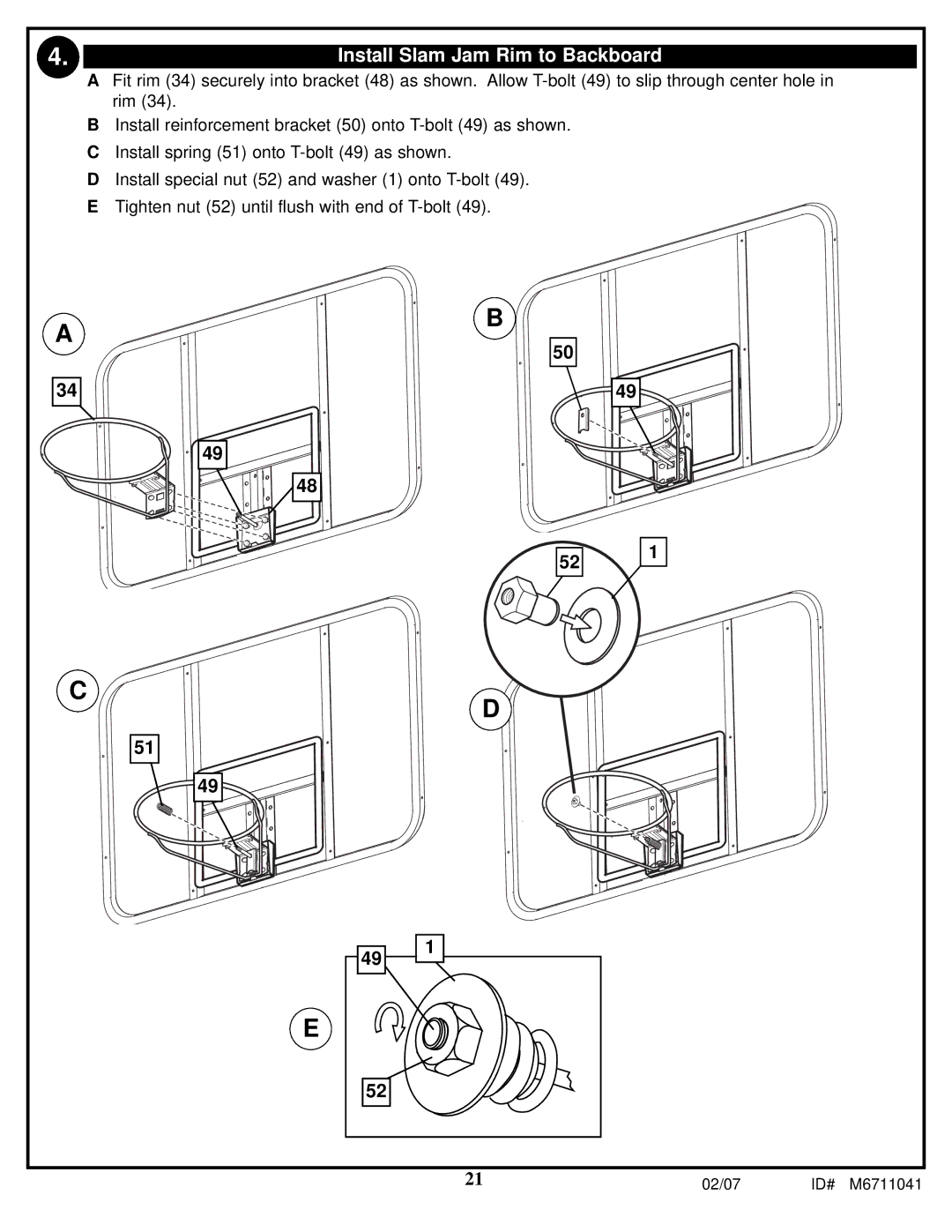 Spalding M6711041 manual Install Slam Jam Rim to Backboard 