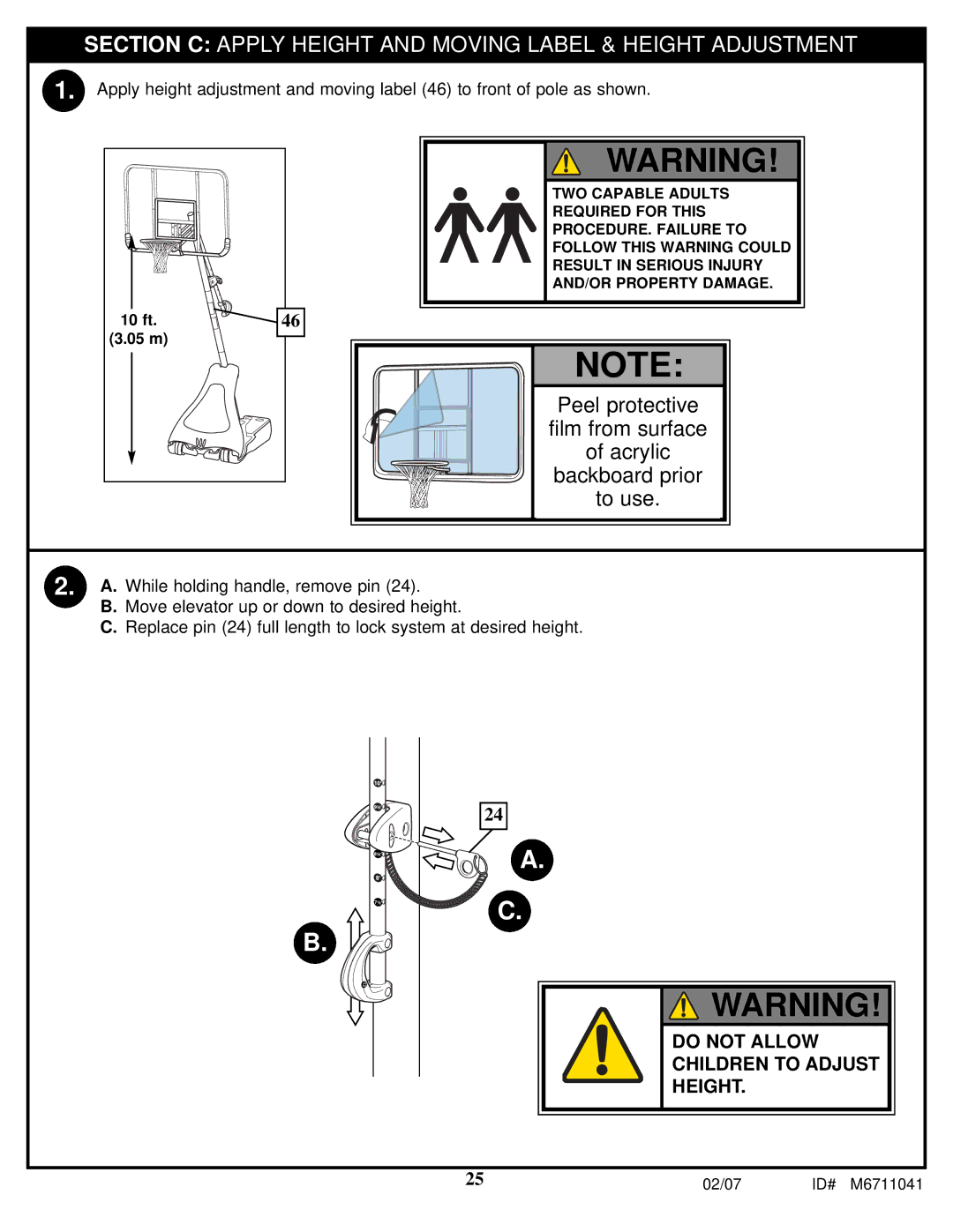 Spalding M6711041 manual Section C Apply Height and Moving Label & Height Adjustment 